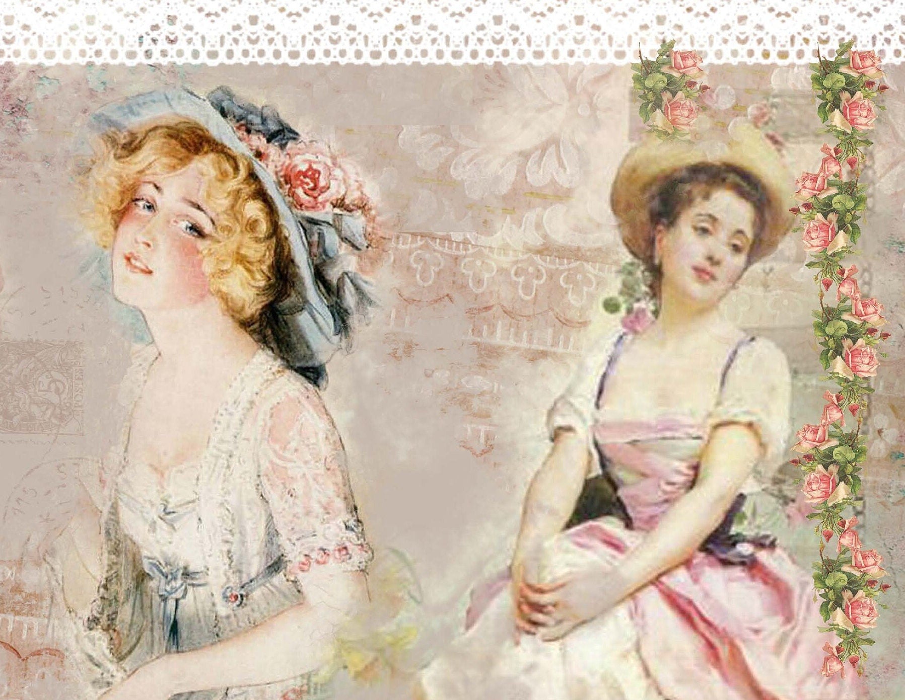 Large Rice Paper for Decoupage - Furniture Decoupage - Vintage Decoupage - Floral Decoupage Paper - Roses Little Girls