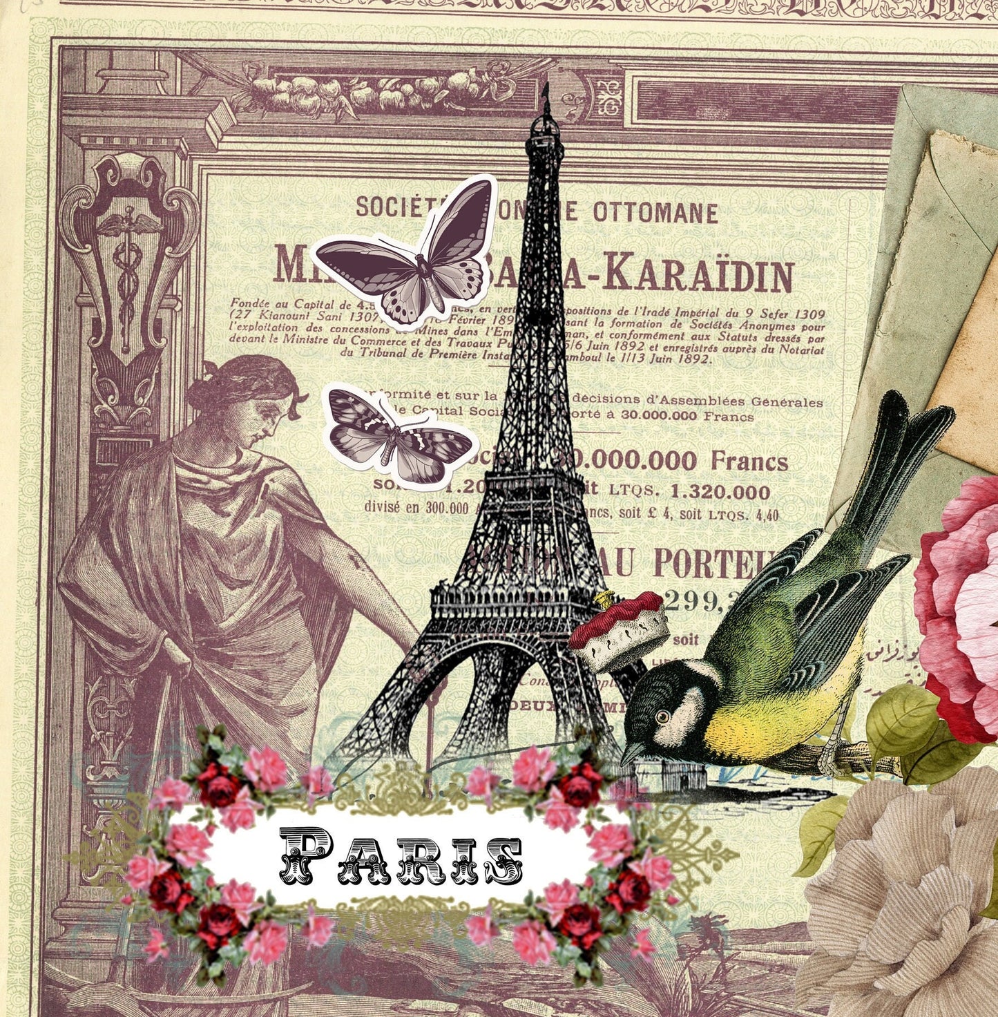 Paris Rose Bird - Large Rice Paper for Decoupage - Furniture Decoupage - Vintage Decoupage - Floral Decoupage Paper