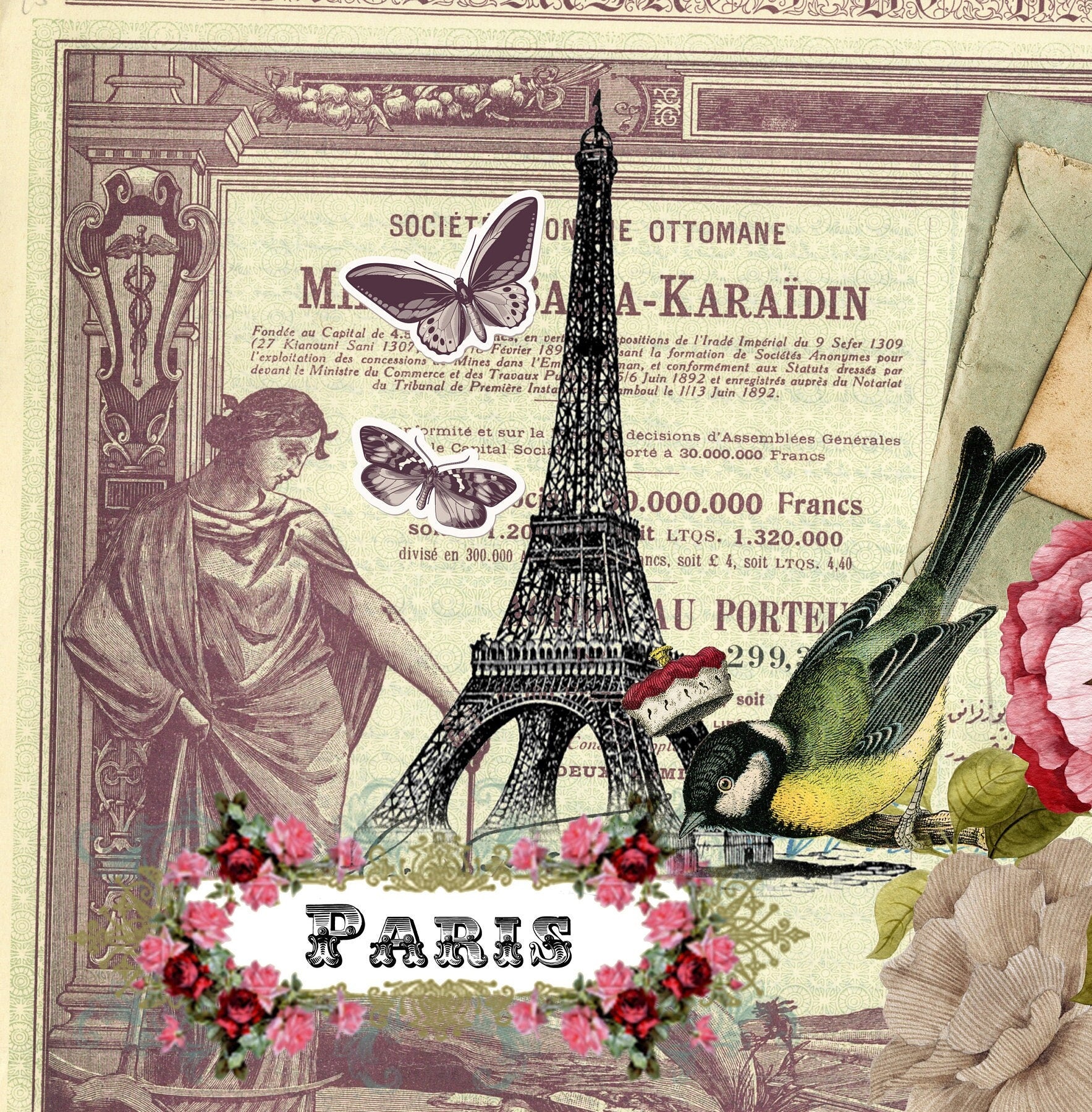 Paris Rose Bird - Large Rice Paper for Decoupage - Furniture Decoupage - Vintage Decoupage - Floral Decoupage Paper