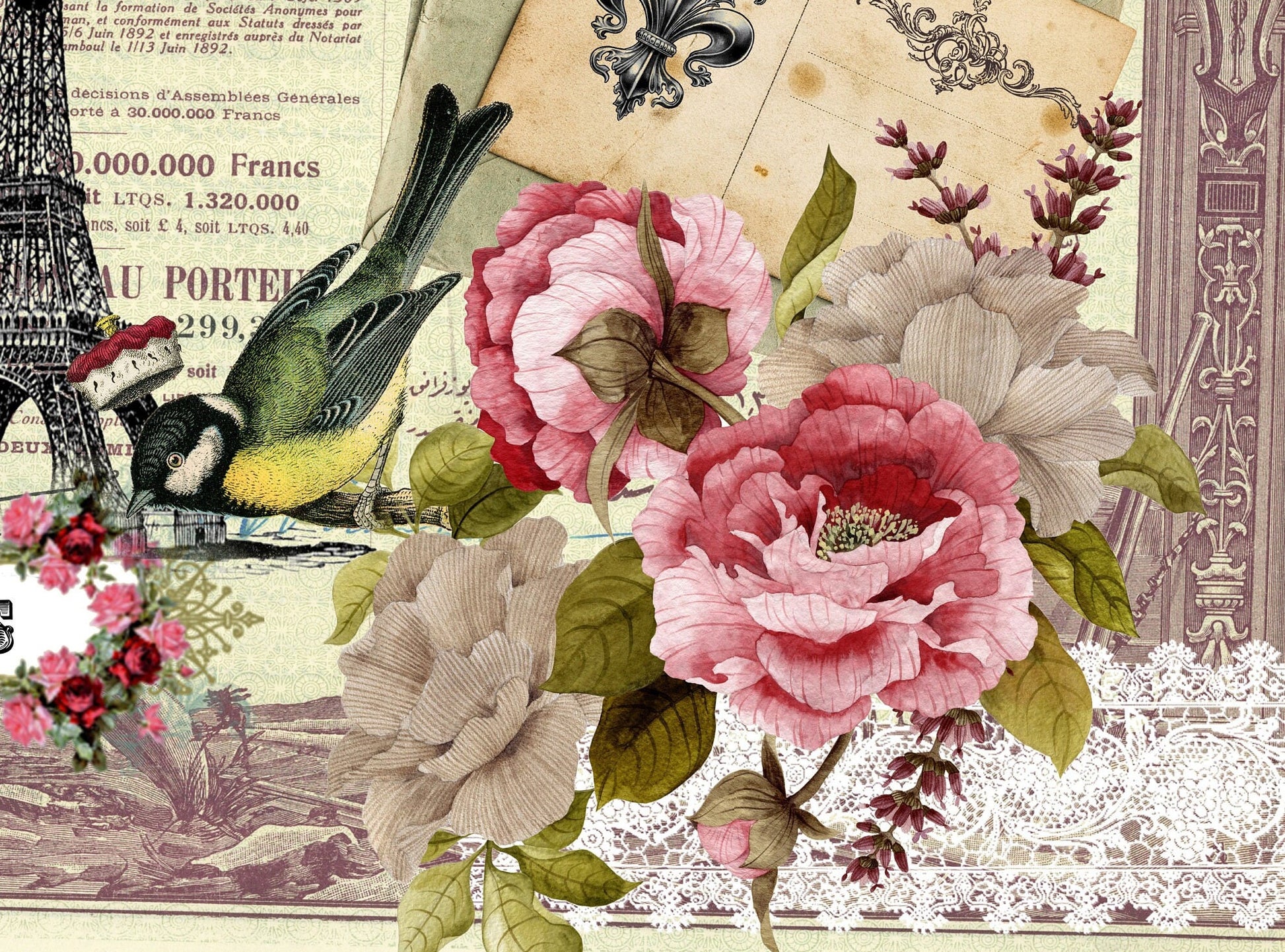 Paris Rose Bird - Large Rice Paper for Decoupage - Furniture Decoupage - Vintage Decoupage - Floral Decoupage Paper