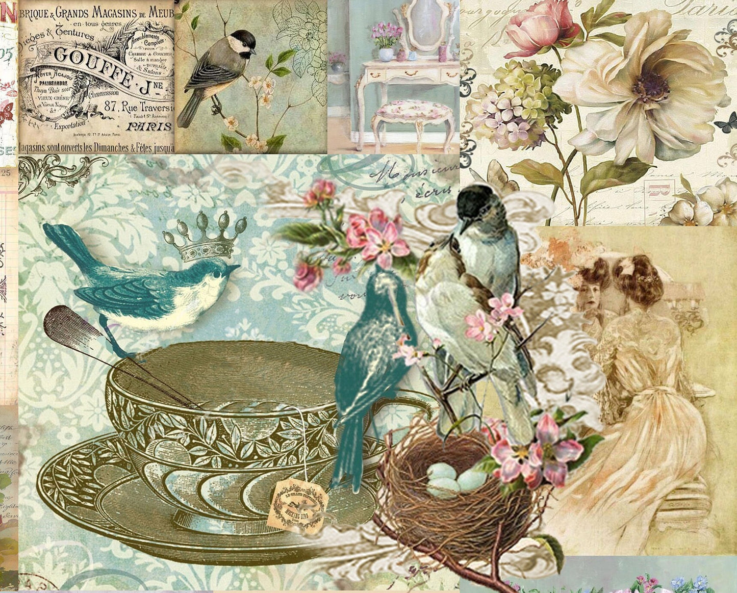 Birds Flowers - Large Rice Paper for Decoupage - Furniture Decoupage - Vintage Decoupage - Floral Decoupage Paper