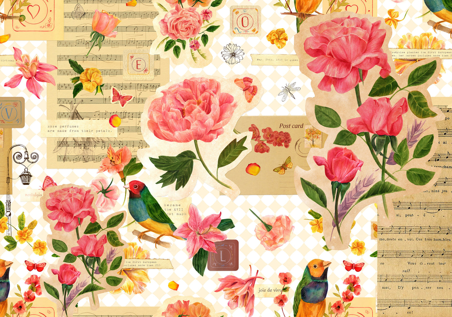 Large Decoupage for Furniture - Vintage Decoupage - Floral Decoupage Paper - Rice Paper - Pink Orange Flowers Exotic Bird