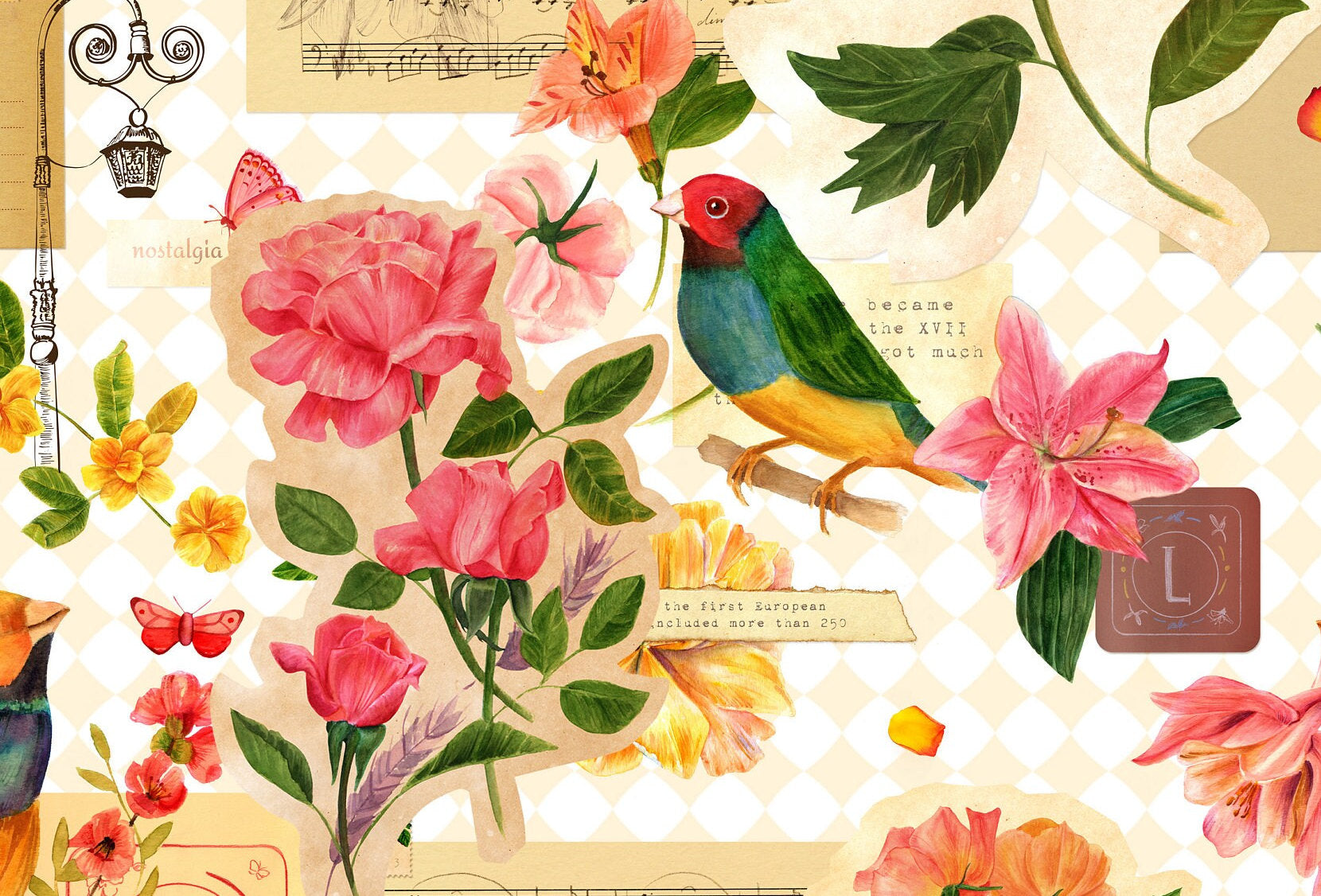 Large Decoupage for Furniture - Vintage Decoupage - Floral Decoupage Paper - Rice Paper - Pink Orange Flowers Exotic Bird
