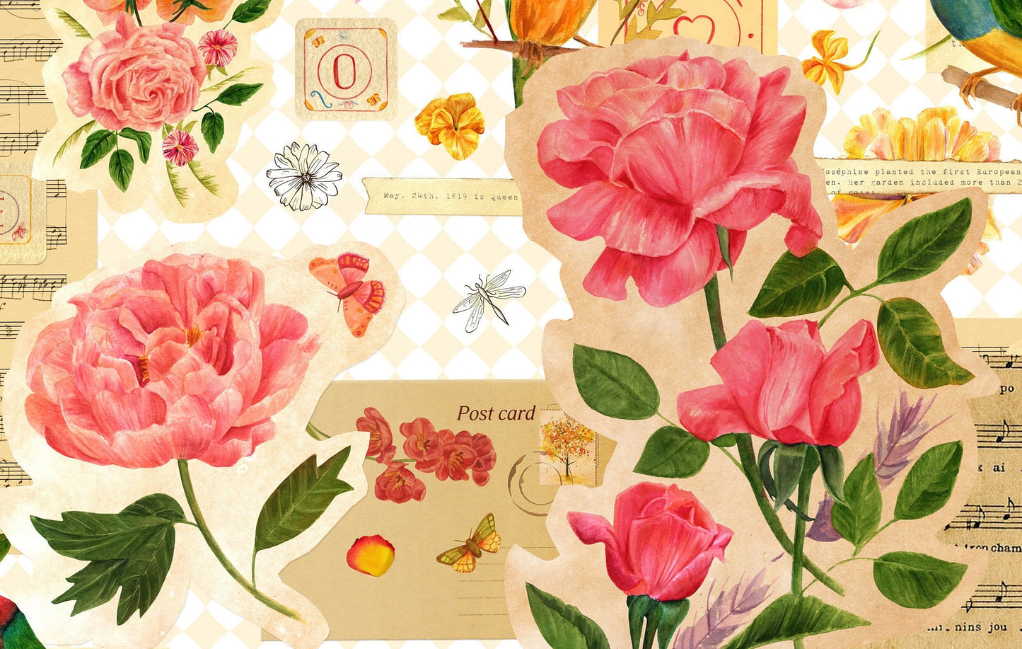 Large Decoupage for Furniture - Vintage Decoupage - Floral Decoupage Paper - Rice Paper - Pink Orange Flowers Exotic Bird