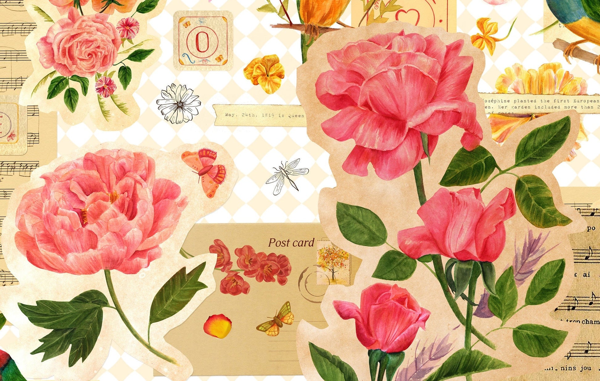 Large Decoupage for Furniture - Vintage Decoupage - Floral Decoupage Paper - Rice Paper - Pink Orange Flowers Exotic Bird