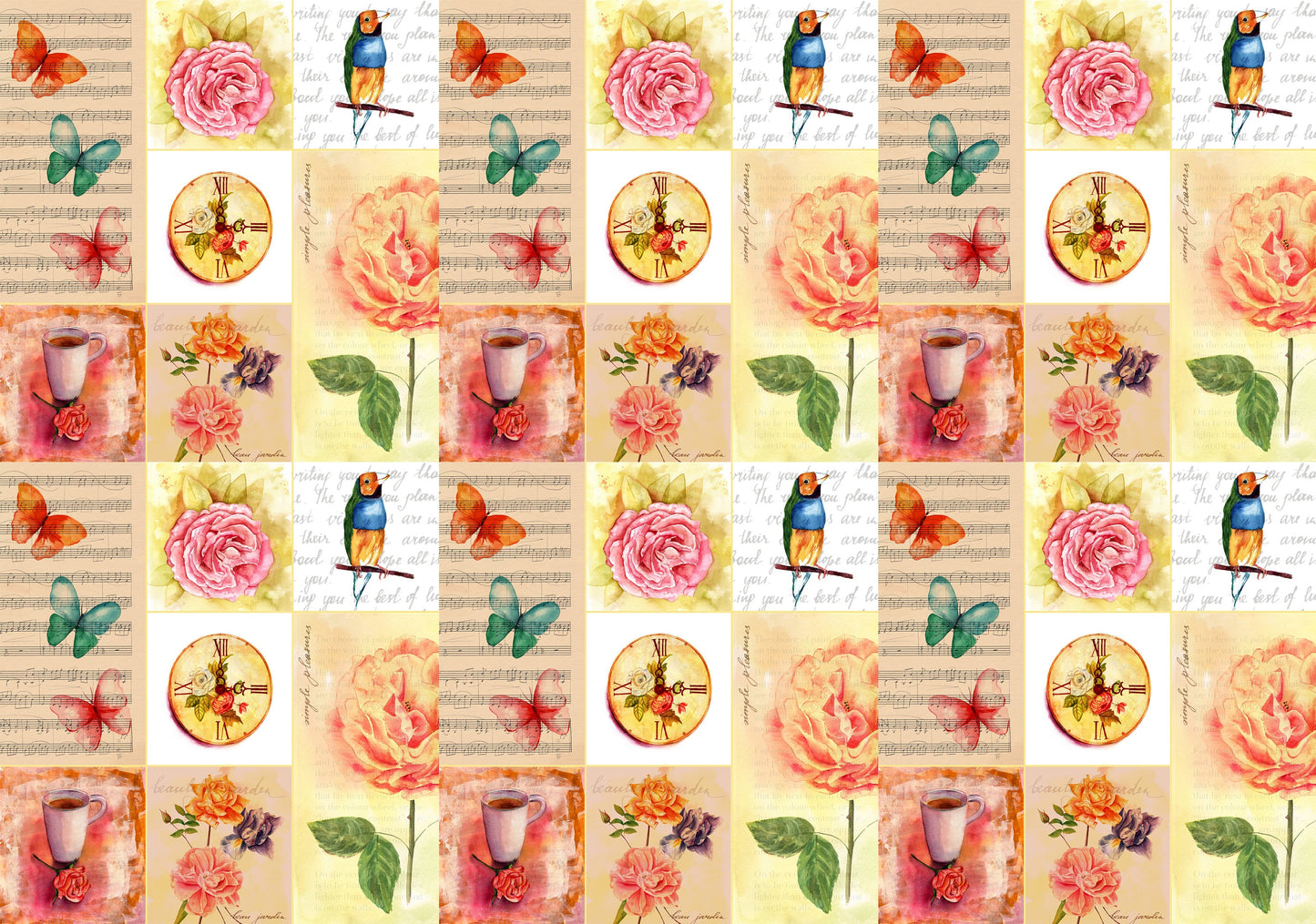 Large Decoupage for Furniture - Vintage Decoupage - Floral Decoupage Paper - Rice Paper - Pink Red Flowers Birds Butterfly