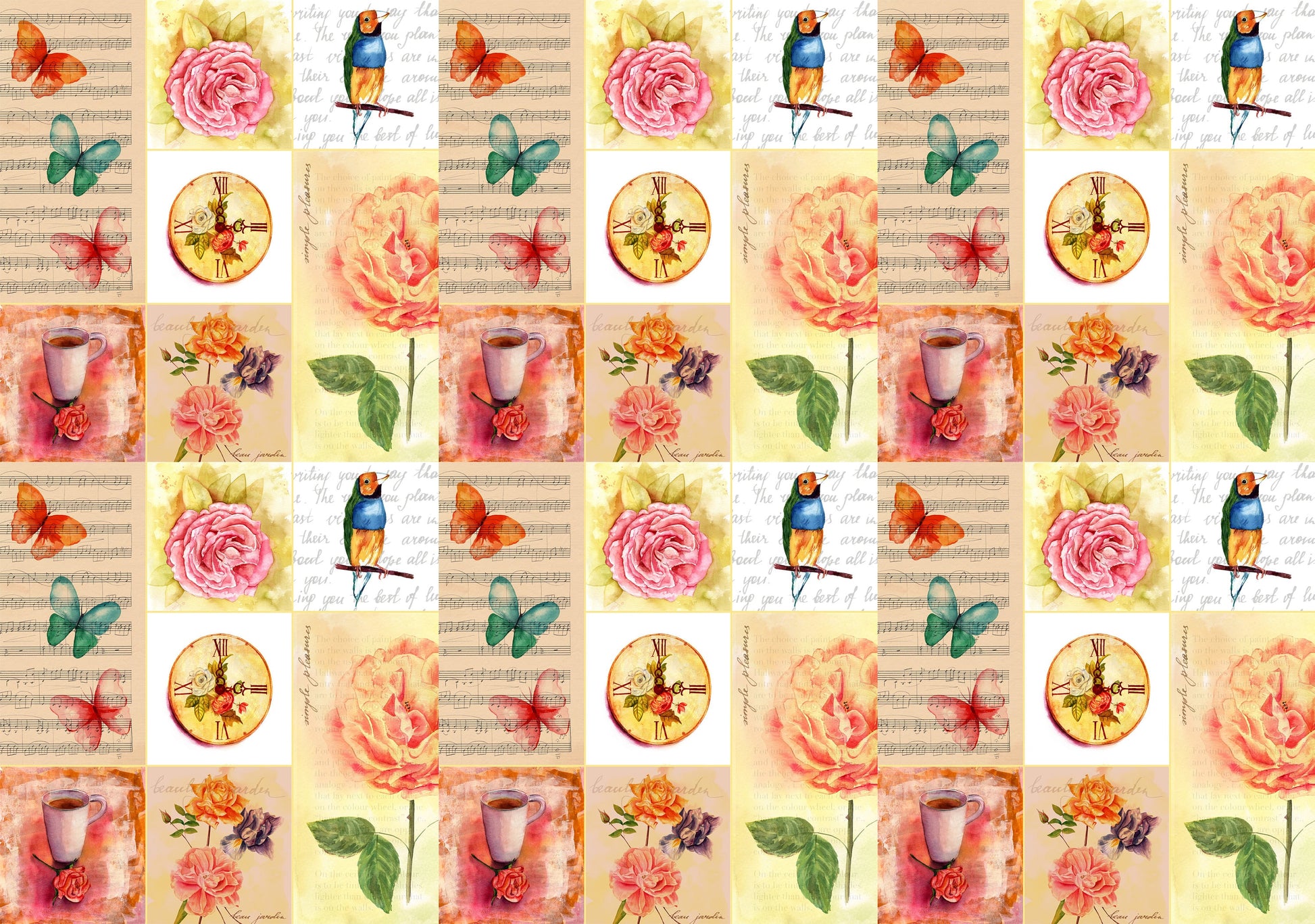 Large Decoupage for Furniture - Vintage Decoupage - Floral Decoupage Paper - Rice Paper - Pink Red Flowers Birds Butterfly