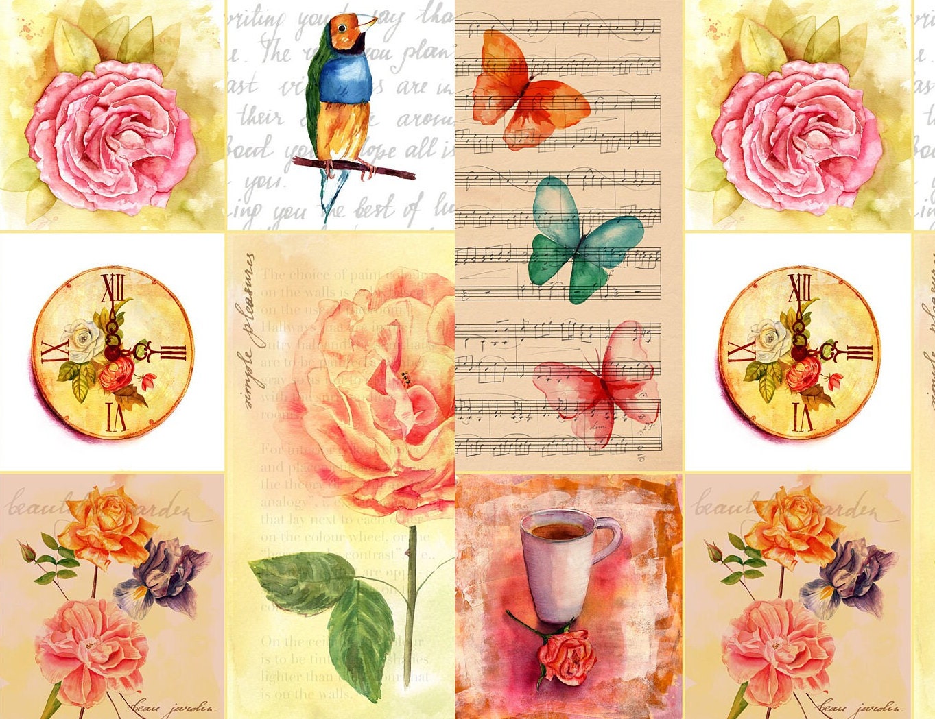 Large Decoupage for Furniture - Vintage Decoupage - Floral Decoupage Paper - Rice Paper - Pink Red Flowers Birds Butterfly