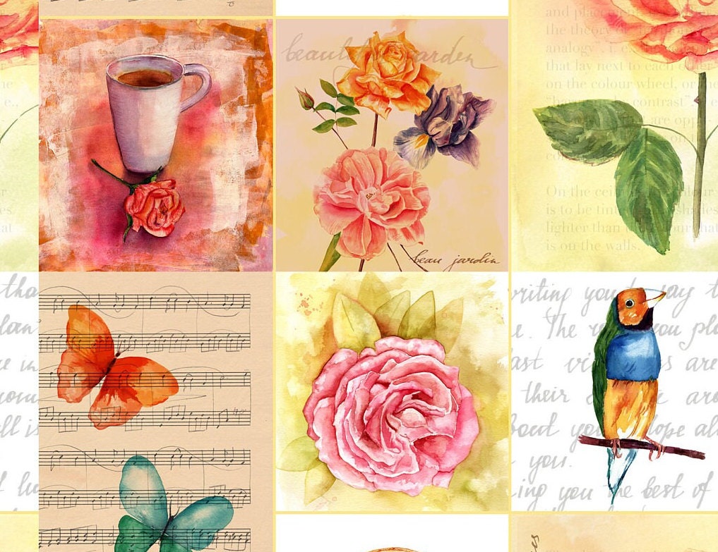 Large Decoupage for Furniture - Vintage Decoupage - Floral Decoupage Paper - Rice Paper - Pink Red Flowers Birds Butterfly