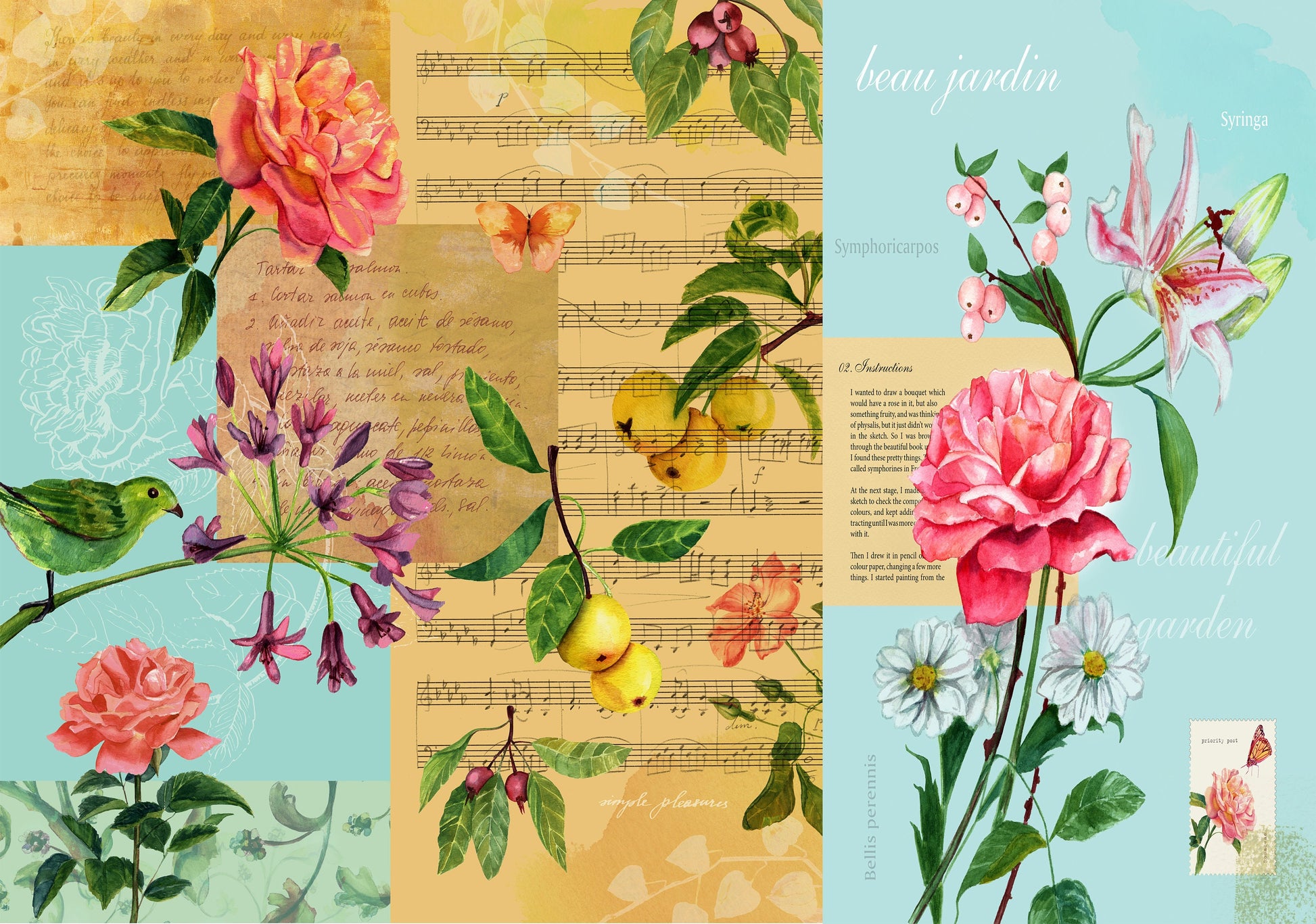 Large Decoupage for Furniture - Vintage Decoupage - Floral Decoupage Paper - Rice Paper - Pink Red Flowers Birds Lemon