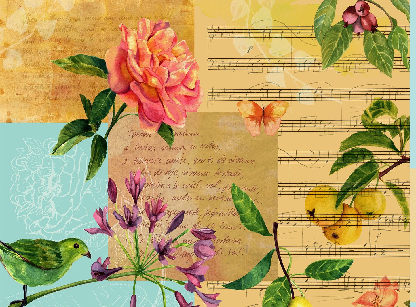 Large Decoupage for Furniture - Vintage Decoupage - Floral Decoupage Paper - Rice Paper - Pink Red Flowers Birds Lemon