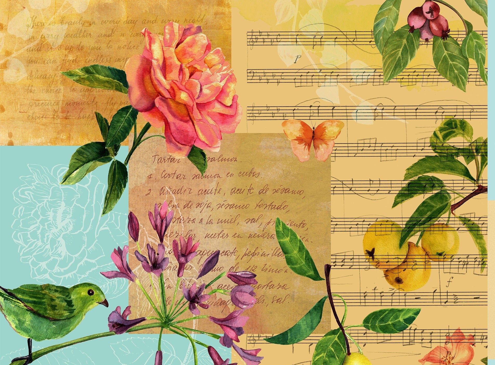 Large Decoupage for Furniture - Vintage Decoupage - Floral Decoupage Paper - Rice Paper - Pink Red Flowers Birds Lemon