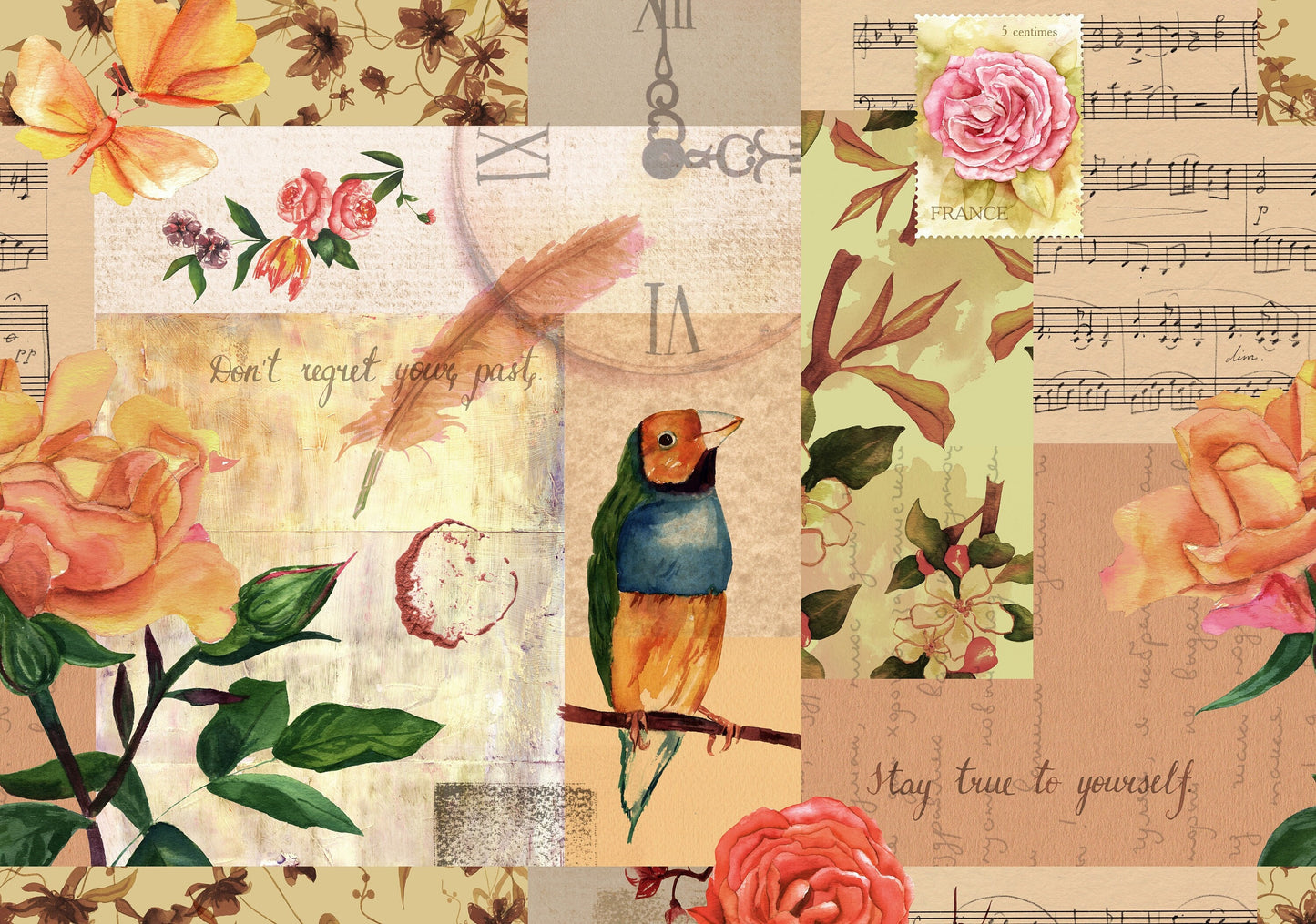 Large Decoupage for Furniture - Vintage Decoupage - Floral Decoupage Paper - Rice Paper - Pink Red Flowers Exotic Bird