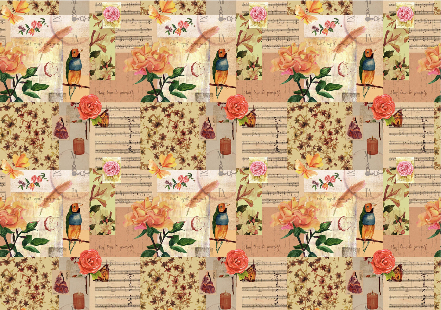 Large Decoupage for Furniture - Vintage Decoupage - Floral Decoupage Paper - Rice Paper - Pink Red Flowers Exotic Bird