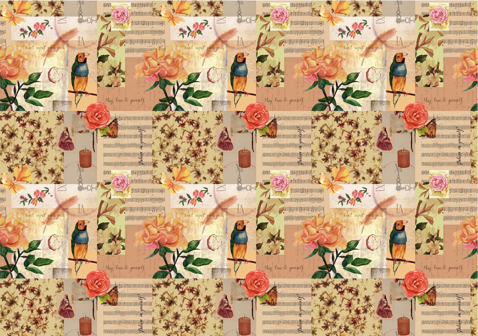 Large Decoupage for Furniture - Vintage Decoupage - Floral Decoupage Paper - Rice Paper - Pink Red Flowers Exotic Bird