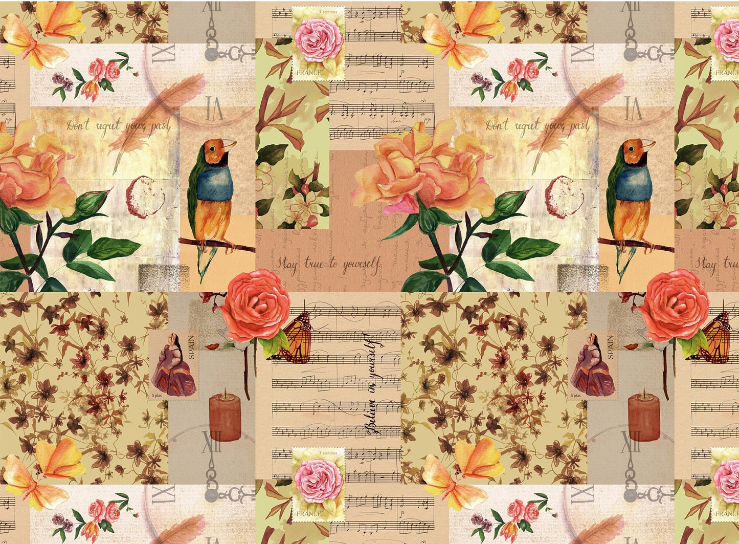 Large Decoupage for Furniture - Vintage Decoupage - Floral Decoupage Paper - Rice Paper - Pink Red Flowers Exotic Bird