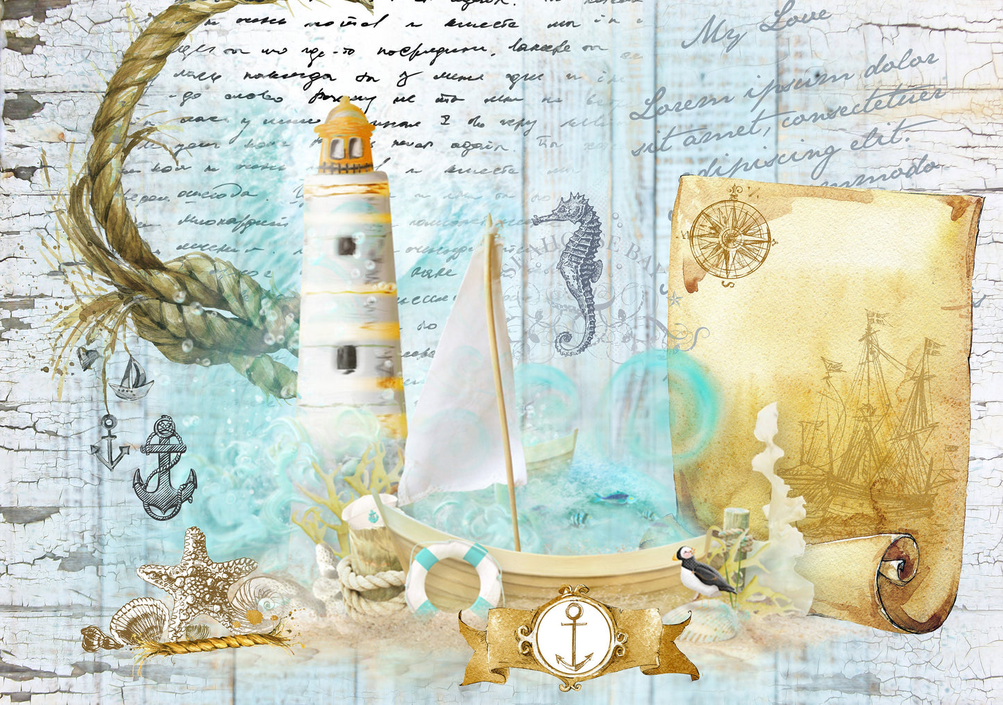 Large Decoupage for Furniture - Vintage Decoupage - Floral Decoupage Paper - Rice Paper - Blue Ocean Lighthouse