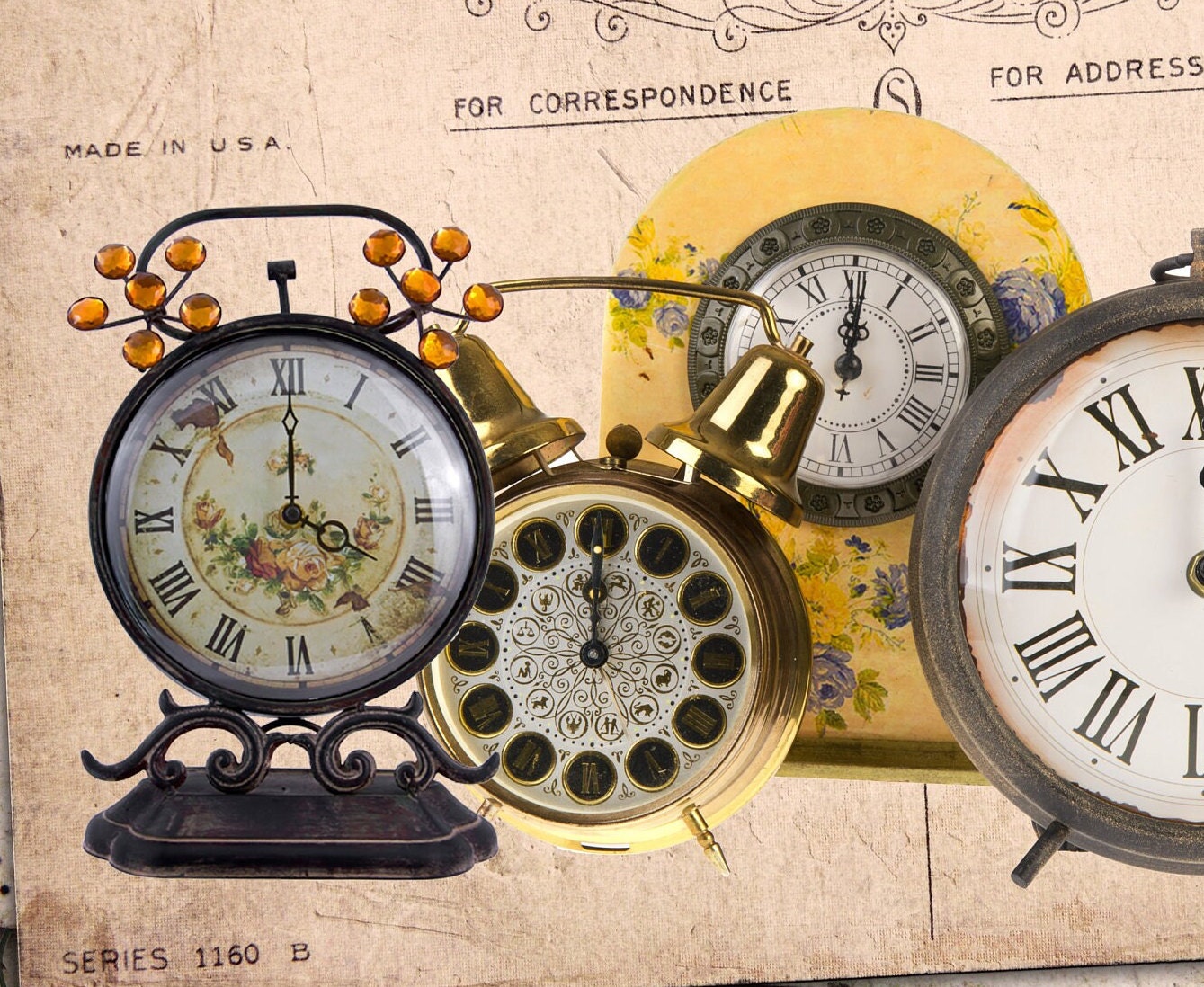Large Decoupage for Furniture - Vintage Decoupage - Floral Decoupage Paper - Rice Paper - Antique Clocks