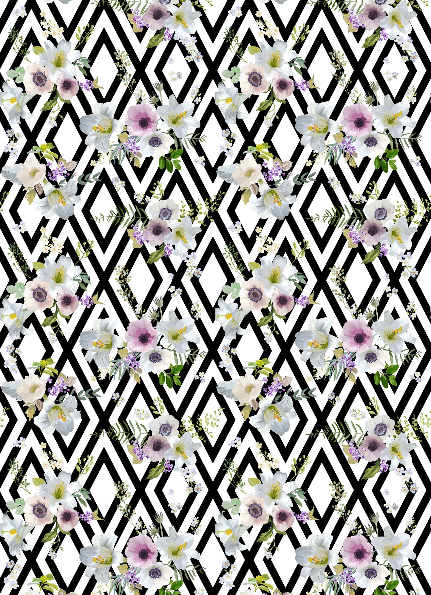 Large Decoupage for Furniture - Rice Paper - Vintage Decoupage - Floral Decoupage Paper - White Grey Pink Flowers - Diamond Pattern