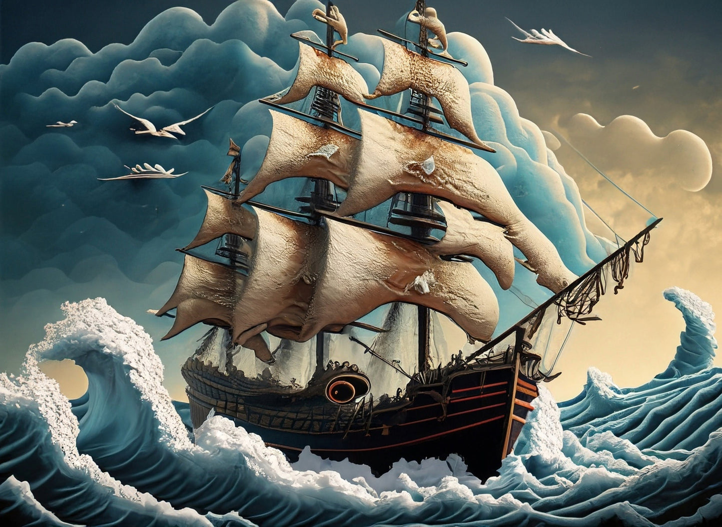 dramatic naval battle scene at sea. Two large, old-fashioned sailing ships engage in combat. Waves crash around the vessels, and a massive cloud of smoke envelops the ship on the right, indicating cannon fire.