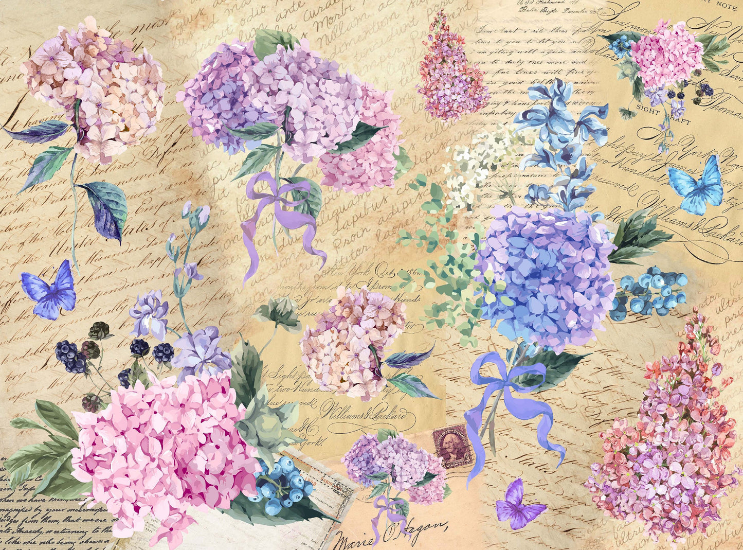 Large Decoupage for Furniture - Rice Paper - Vintage Decoupage - Floral Decoupage Paper - Shabby Chic Flowers Hydrangea