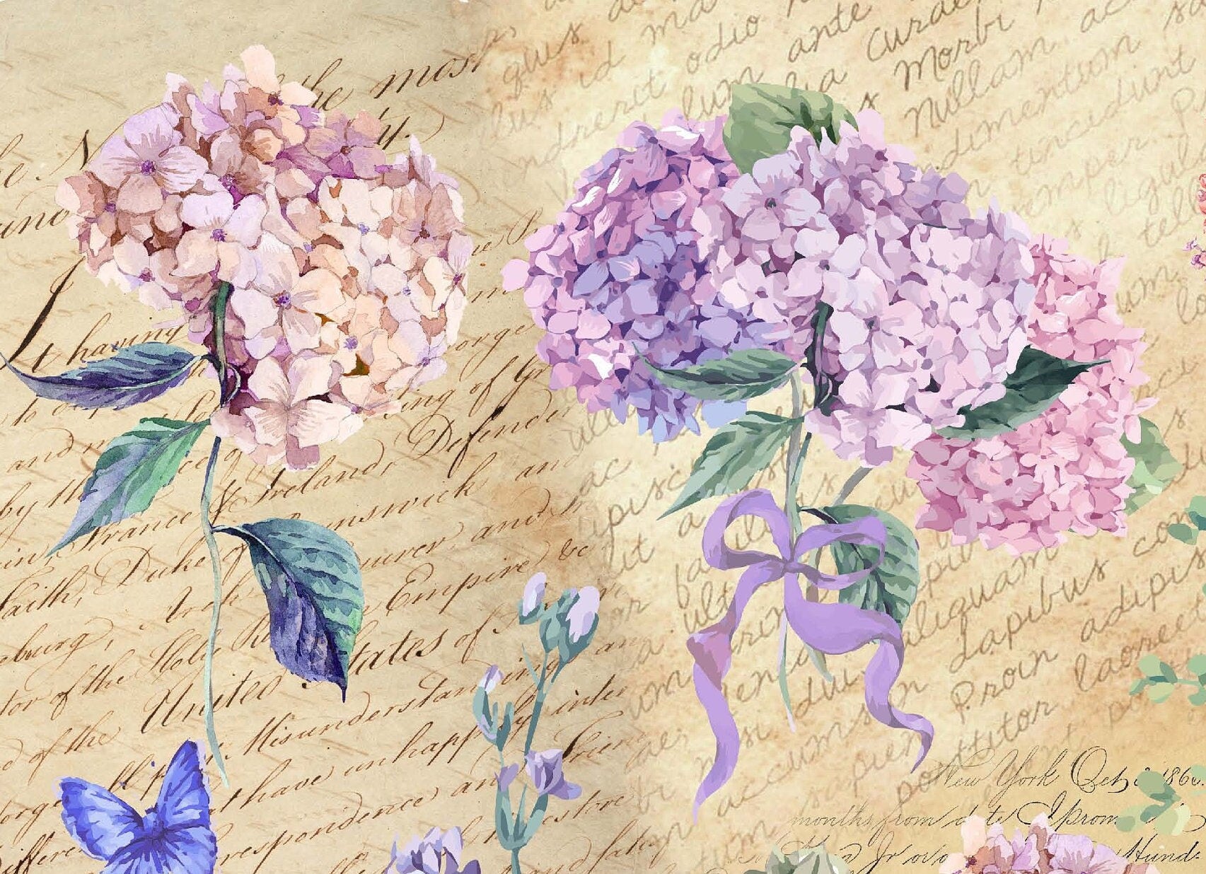 Large Decoupage for Furniture - Rice Paper - Vintage Decoupage - Floral Decoupage Paper - Shabby Chic Flowers Hydrangea
