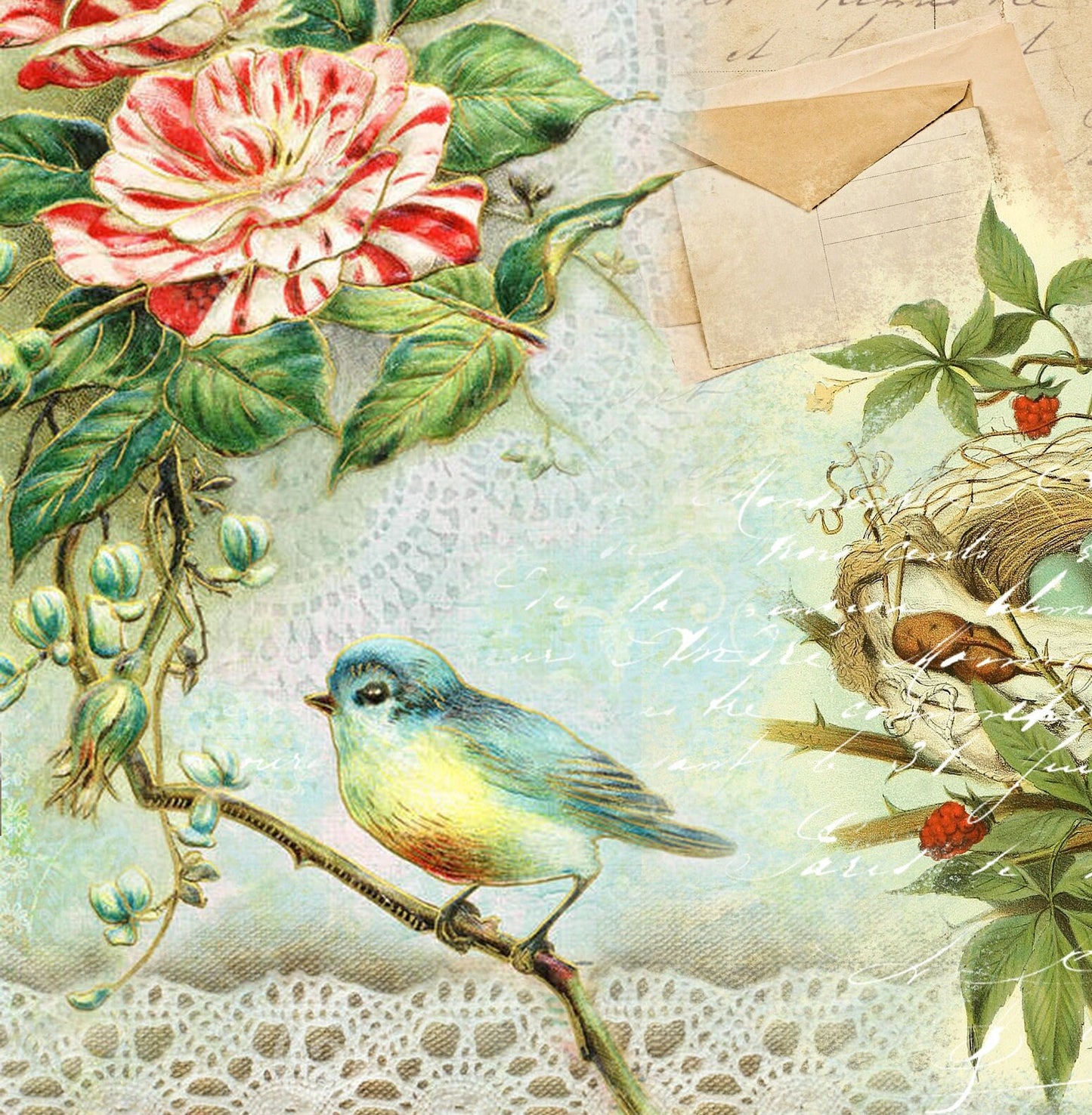 Large Decoupage for Furniture - Rice Paper - Vintage Decoupage - Floral Decoupage Paper - Shabby Chic Flowers Bird