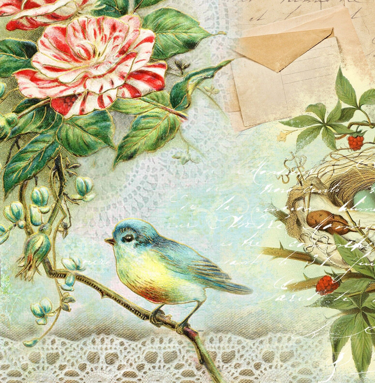 Large Decoupage for Furniture - Rice Paper - Vintage Decoupage - Floral Decoupage Paper - Shabby Chic Flowers Bird