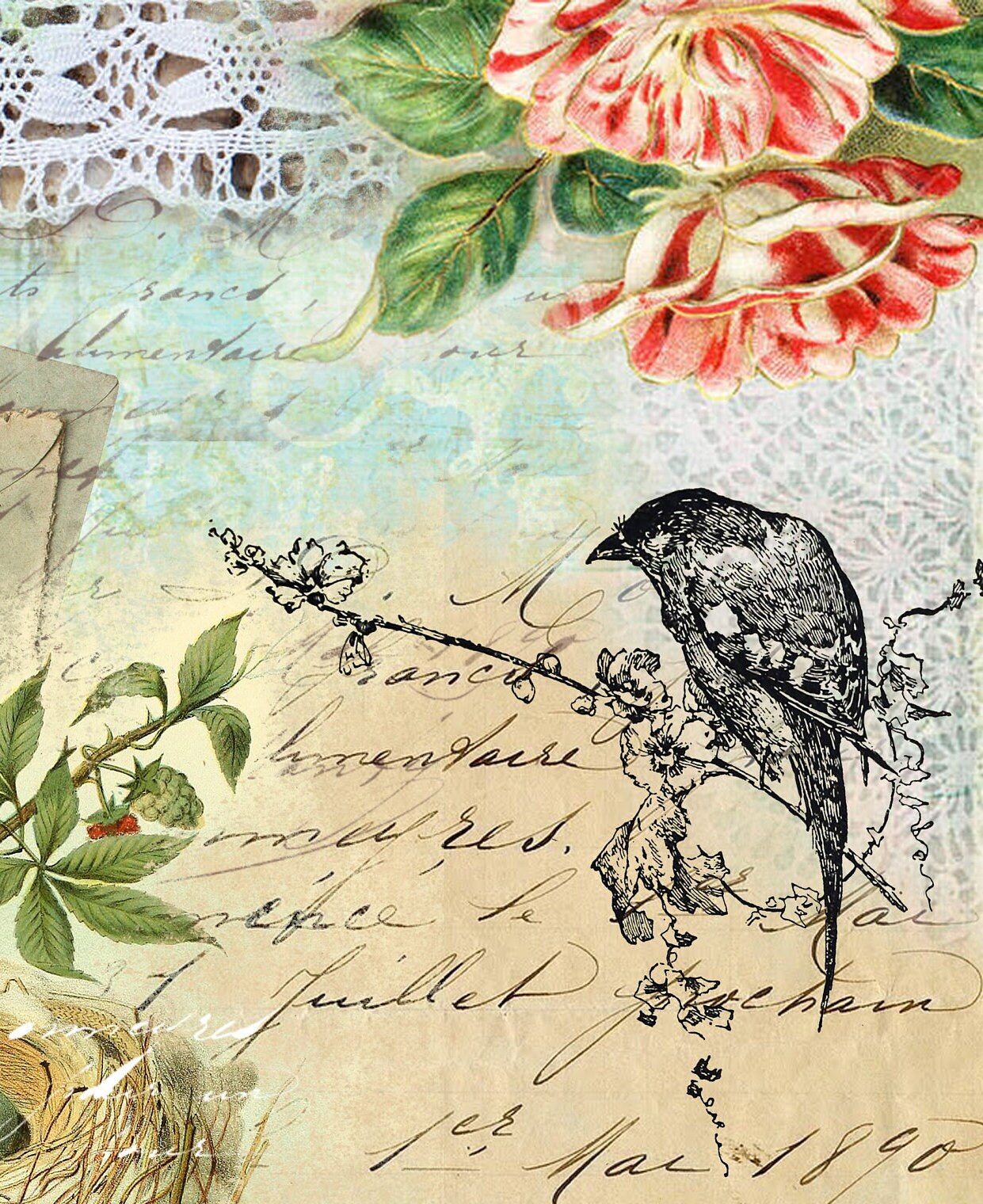 Large Decoupage for Furniture - Rice Paper - Vintage Decoupage - Floral Decoupage Paper - Shabby Chic Flowers Bird