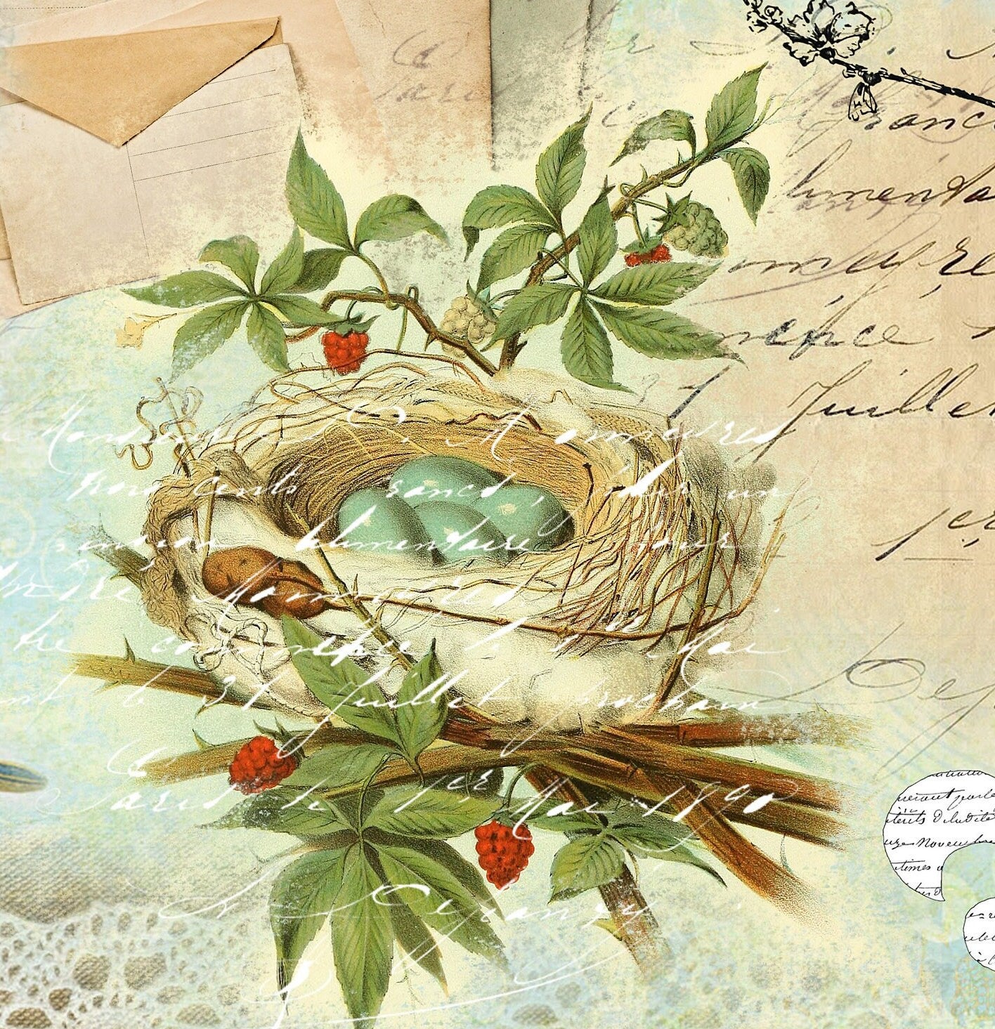 Large Decoupage for Furniture - Rice Paper - Vintage Decoupage - Floral Decoupage Paper - Shabby Chic Flowers Bird