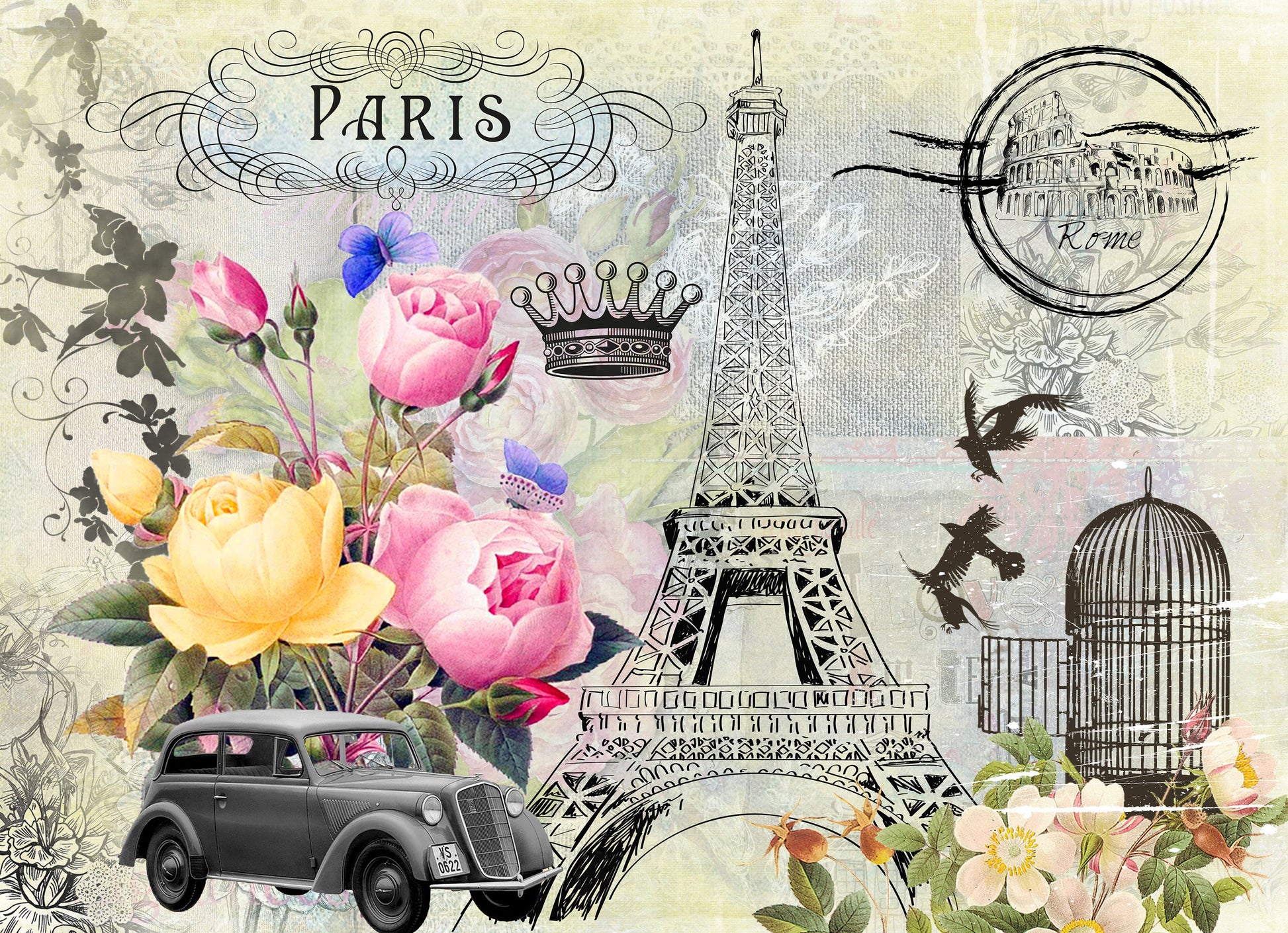 Large Decoupage for Furniture - Rice Paper - Vintage Decoupage - Floral Decoupage Paper - Flowers Birds Eiffel
