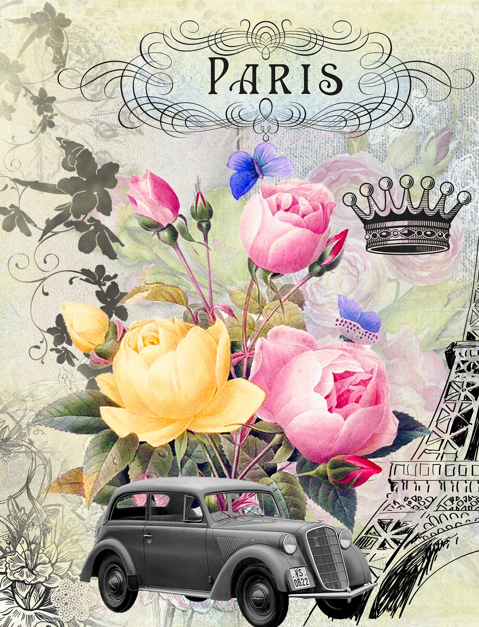 Large Decoupage for Furniture - Rice Paper - Vintage Decoupage - Floral Decoupage Paper - Flowers Birds Eiffel