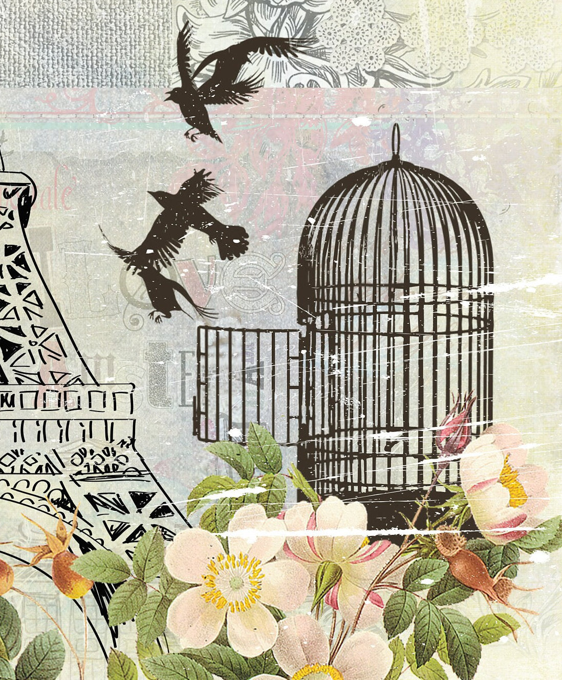 Large Decoupage for Furniture - Rice Paper - Vintage Decoupage - Floral Decoupage Paper - Flowers Birds Eiffel