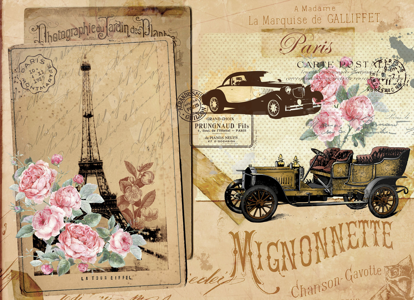 Large Decoupage for Furniture - Rice Paper - Vintage Decoupage - Floral Decoupage Paper - Flowers Birds Eiffel Cars