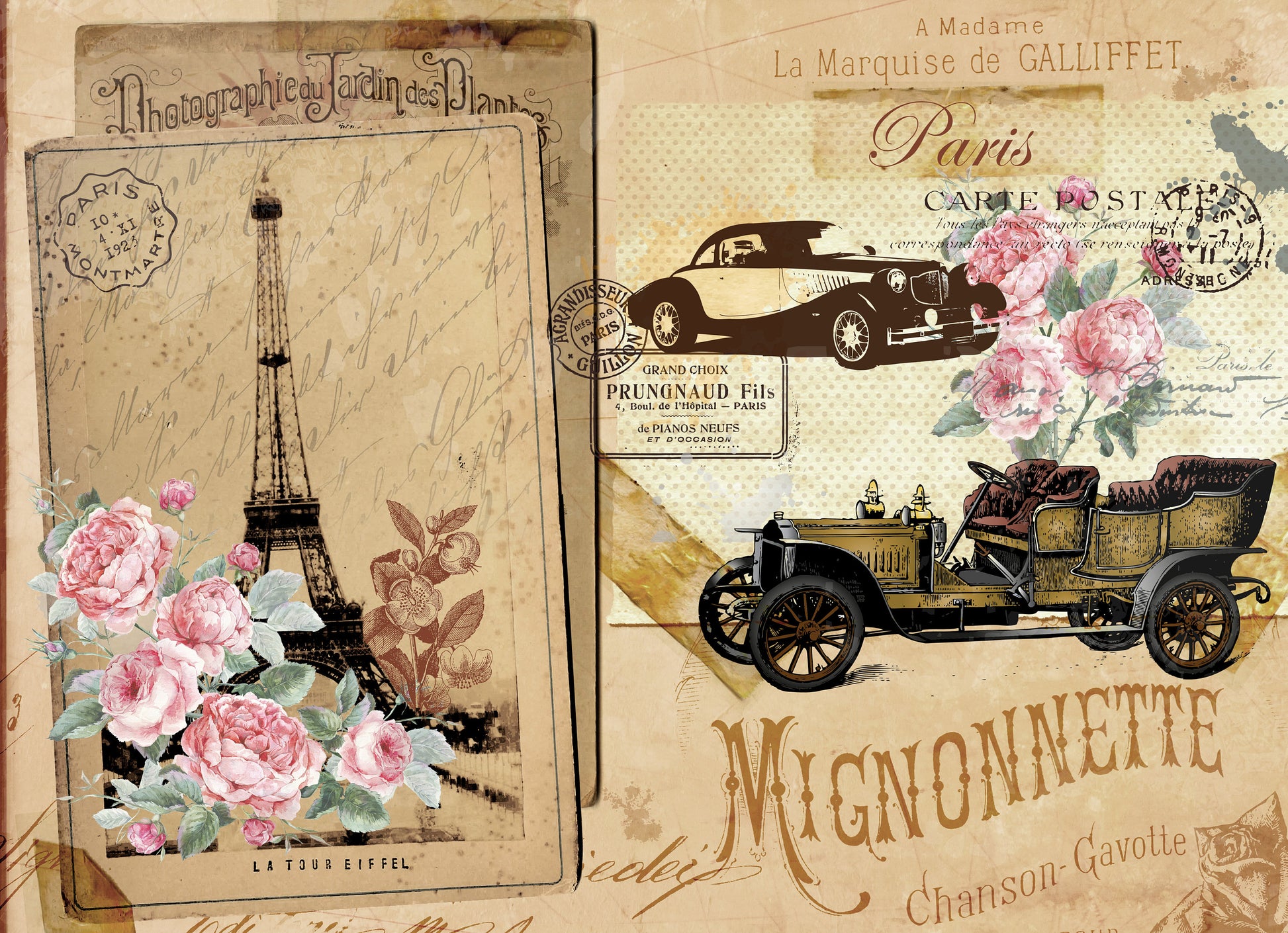 Large Decoupage for Furniture - Rice Paper - Vintage Decoupage - Floral Decoupage Paper - Flowers Birds Eiffel Cars