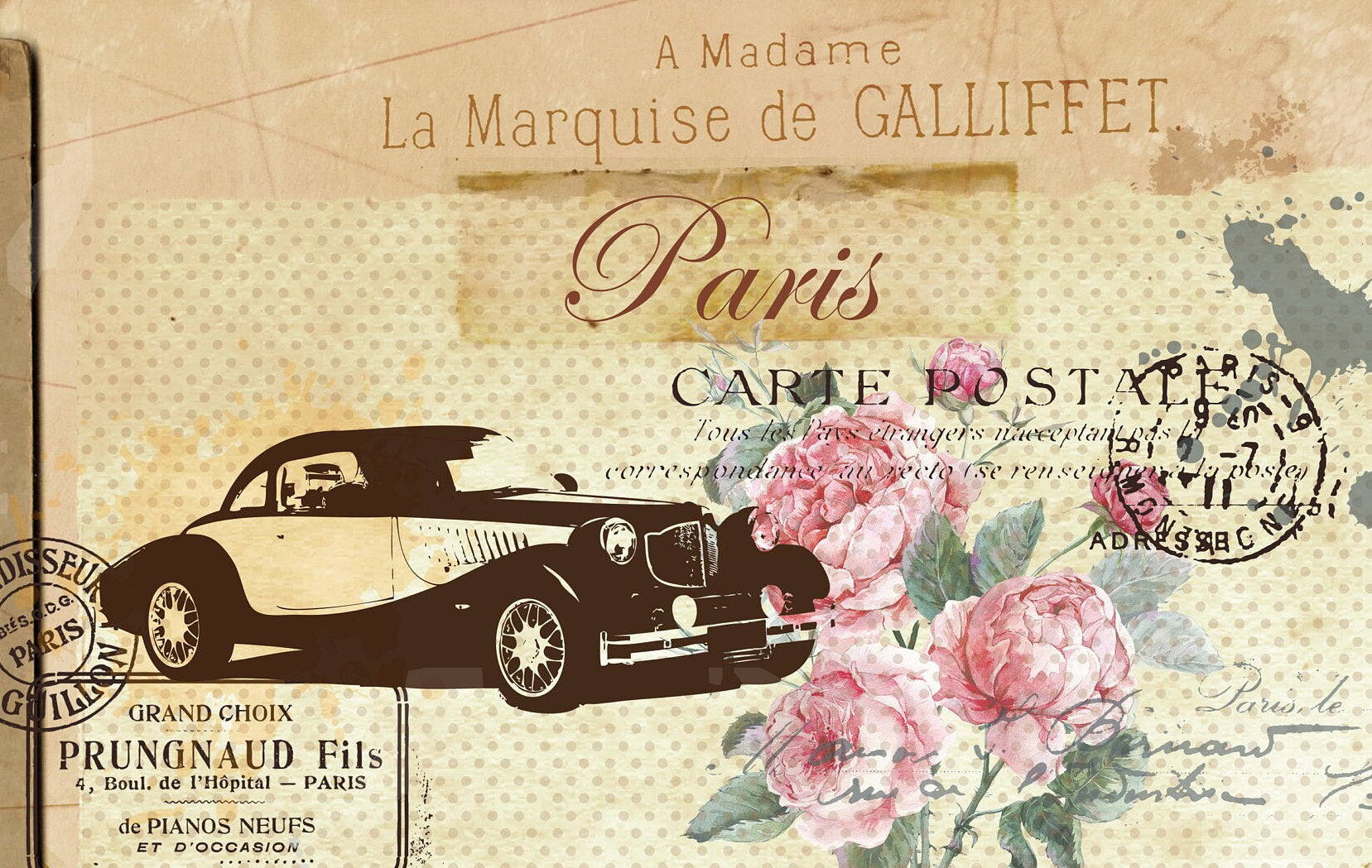 Large Decoupage for Furniture - Rice Paper - Vintage Decoupage - Floral Decoupage Paper - Flowers Birds Eiffel Cars