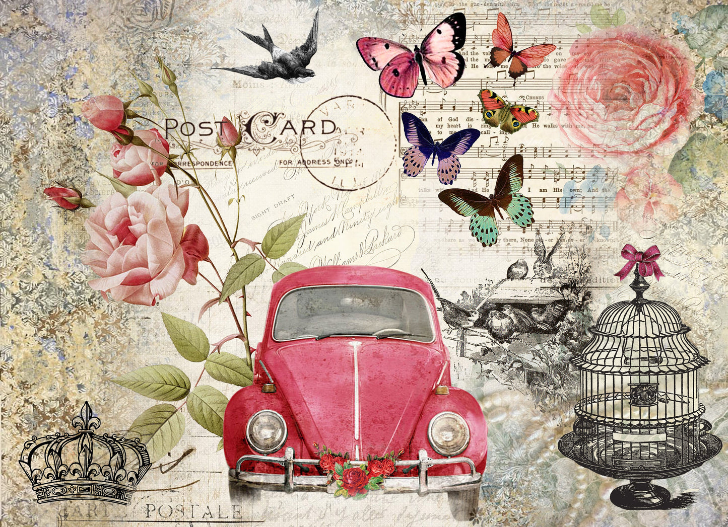 Large Decoupage for Furniture - Rice Paper - Vintage Decoupage - Floral Decoupage Paper - Flowers Birds Red Car Butterfly