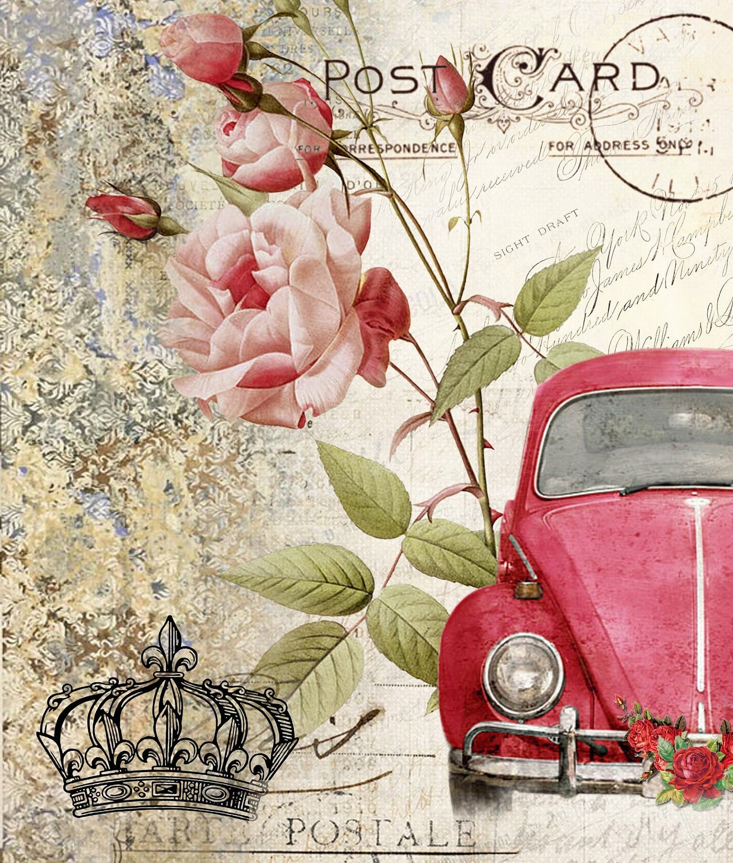Large Decoupage for Furniture - Rice Paper - Vintage Decoupage - Floral Decoupage Paper - Flowers Birds Red Car Butterfly