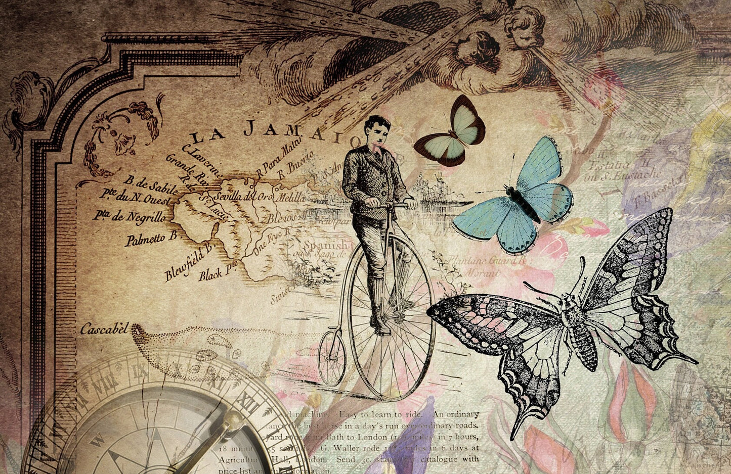 Large Decoupage for Furniture - Rice Paper - Vintage Decoupage - Floral Decoupage Paper - Flowers Birds Butterfly Bicycle