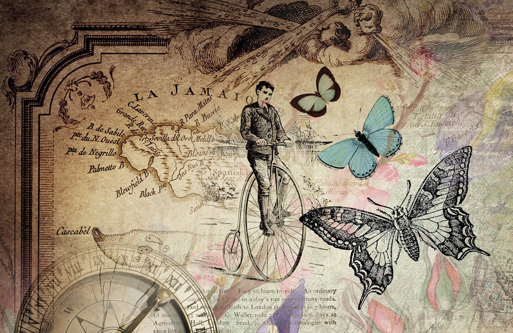 Large Decoupage for Furniture - Rice Paper - Vintage Decoupage - Floral Decoupage Paper - Flowers Birds Butterfly Bicycle