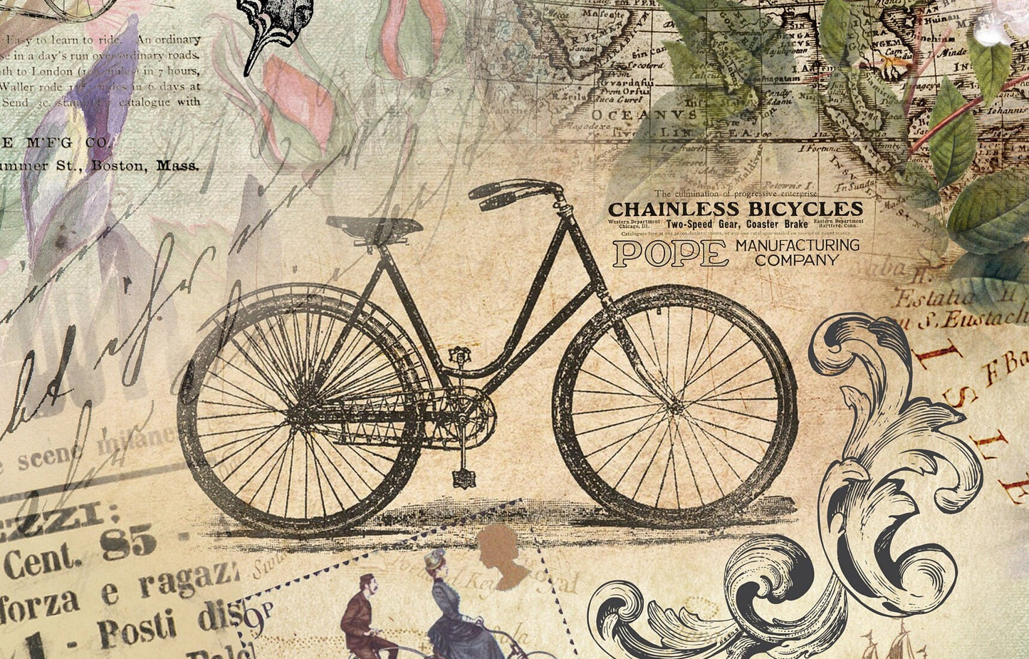 Large Decoupage for Furniture - Rice Paper - Vintage Decoupage - Floral Decoupage Paper - Flowers Birds Butterfly Bicycle