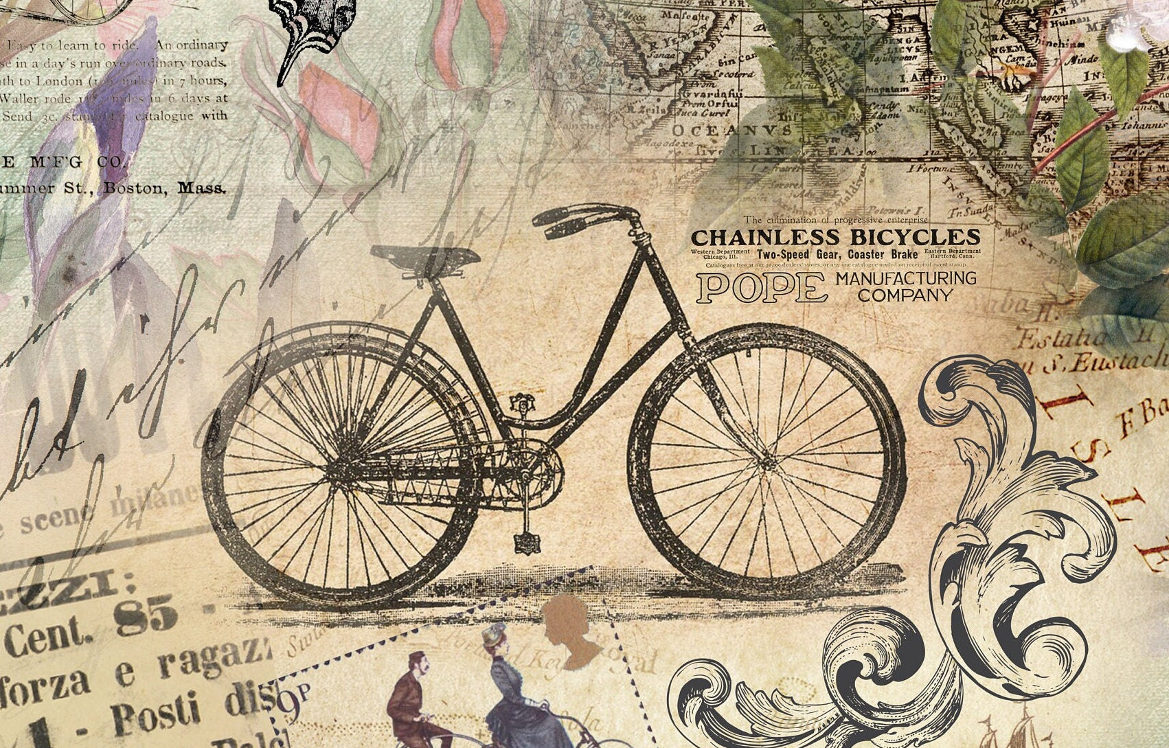 Large Decoupage for Furniture - Rice Paper - Vintage Decoupage - Floral Decoupage Paper - Flowers Birds Butterfly Bicycle