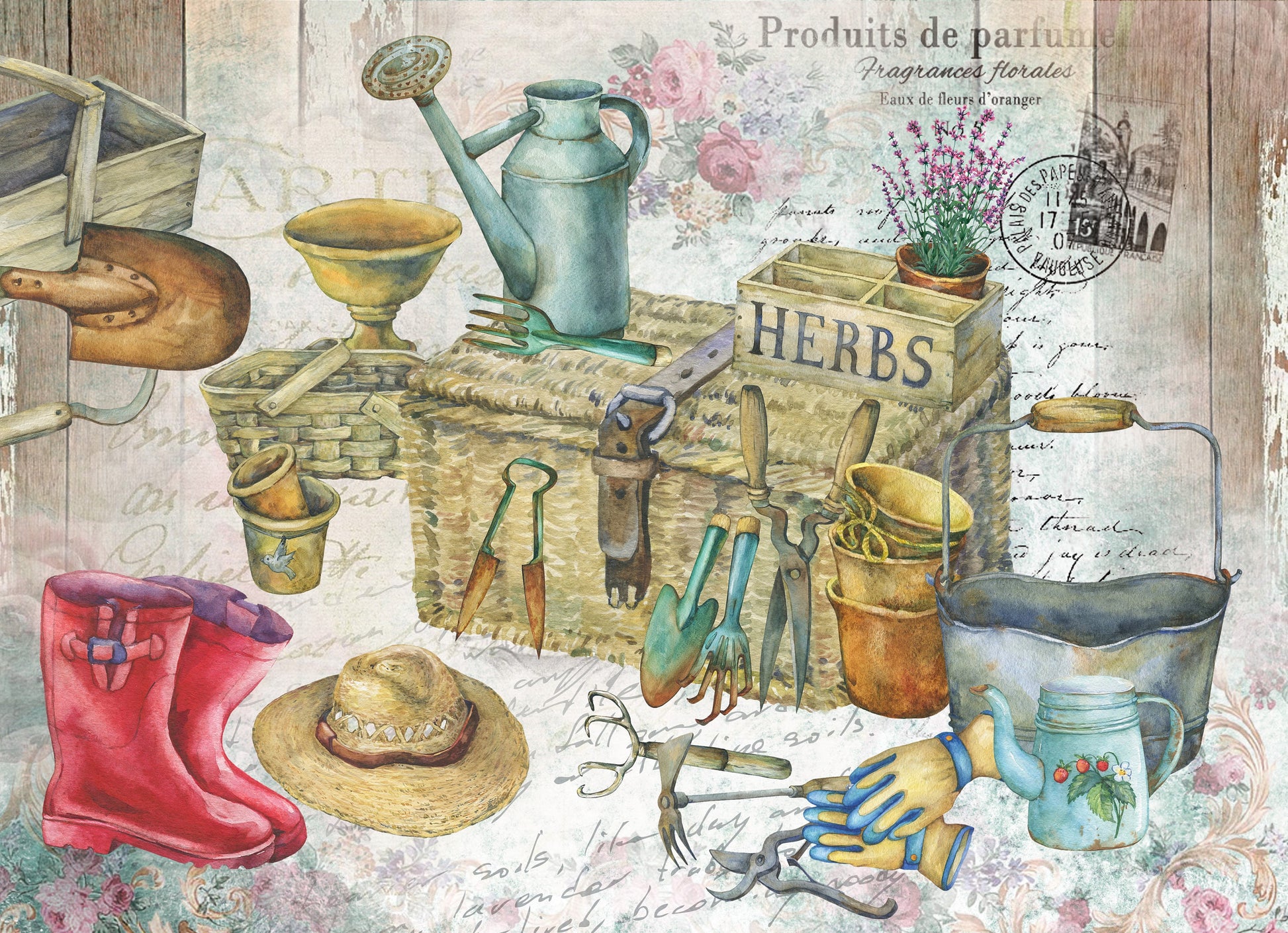 Large Decoupage for Furniture - Rice Paper - Vintage Decoupage - Floral Decoupage Paper - Herbs Gardening