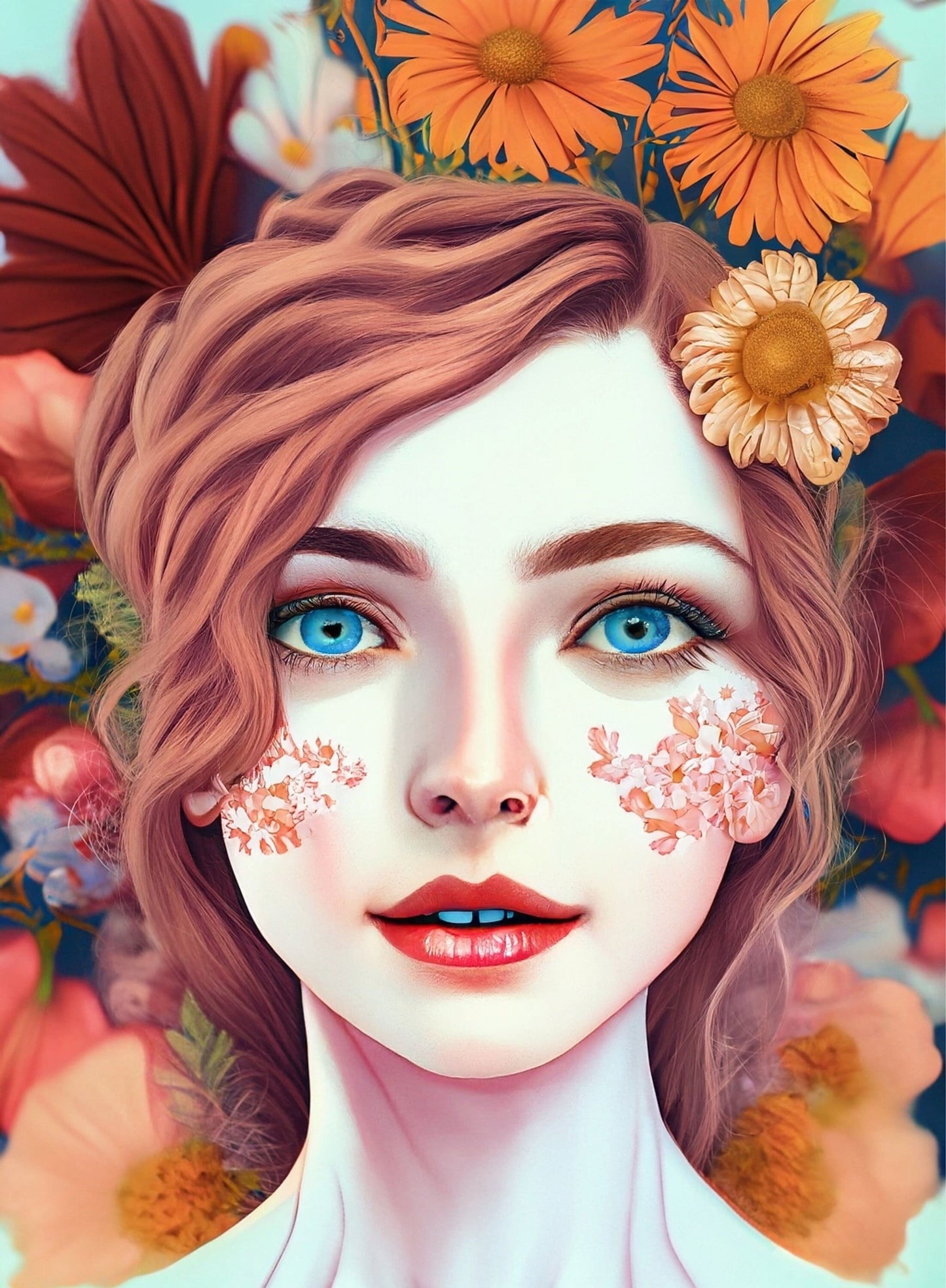 Decoupage Paper - Floral Rice Paper for Decoupage - Woman Portrait with Flowers - Large Decoupage Paper for Furniture - Blue Eyes