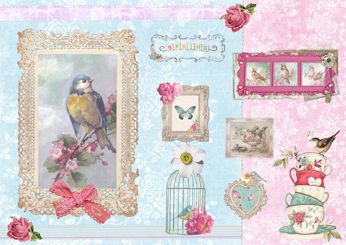 Large Decoupage for Furniture - Rice Paper - Vintage Decoupage - Floral Decoupage Paper - Birds Flowers