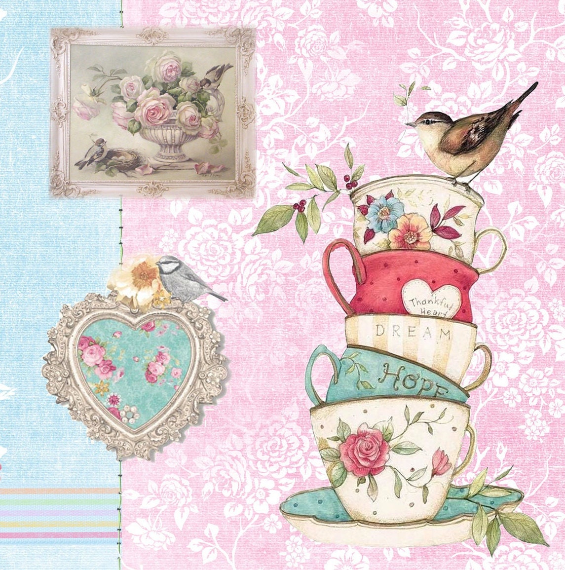 Large Decoupage for Furniture - Rice Paper - Vintage Decoupage - Floral Decoupage Paper - Birds Flowers