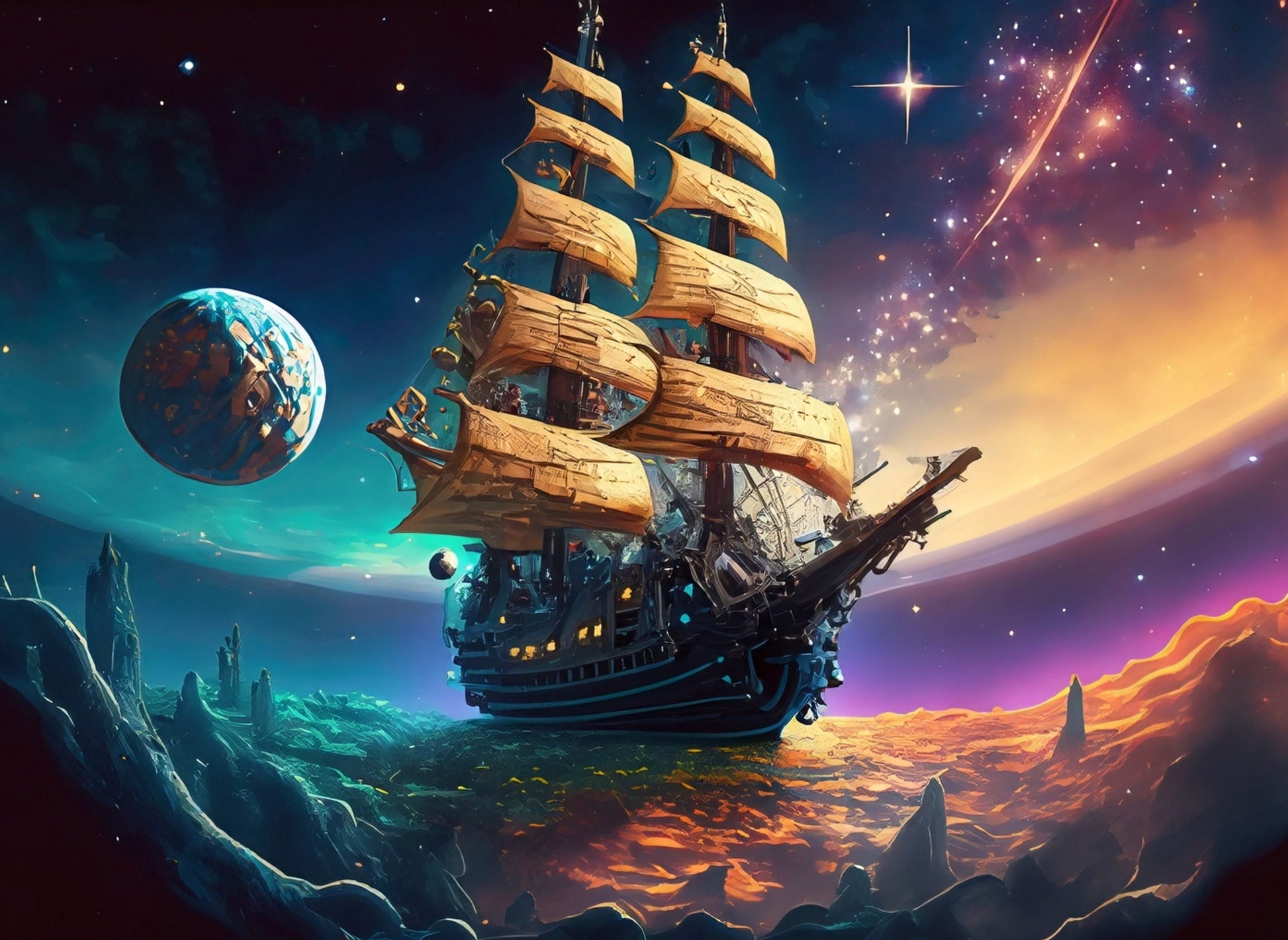 Universe Sailing Ships - Furniture Decoupage Paper - Large Rice Paper - Decoupage Rice Paper - Planets - Galaxy