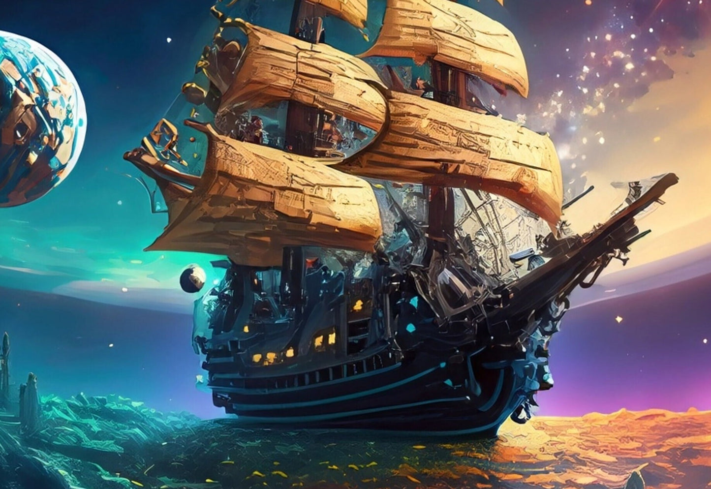 Universe Sailing Ships - Furniture Decoupage Paper - Large Rice Paper - Decoupage Rice Paper - Planets - Galaxy