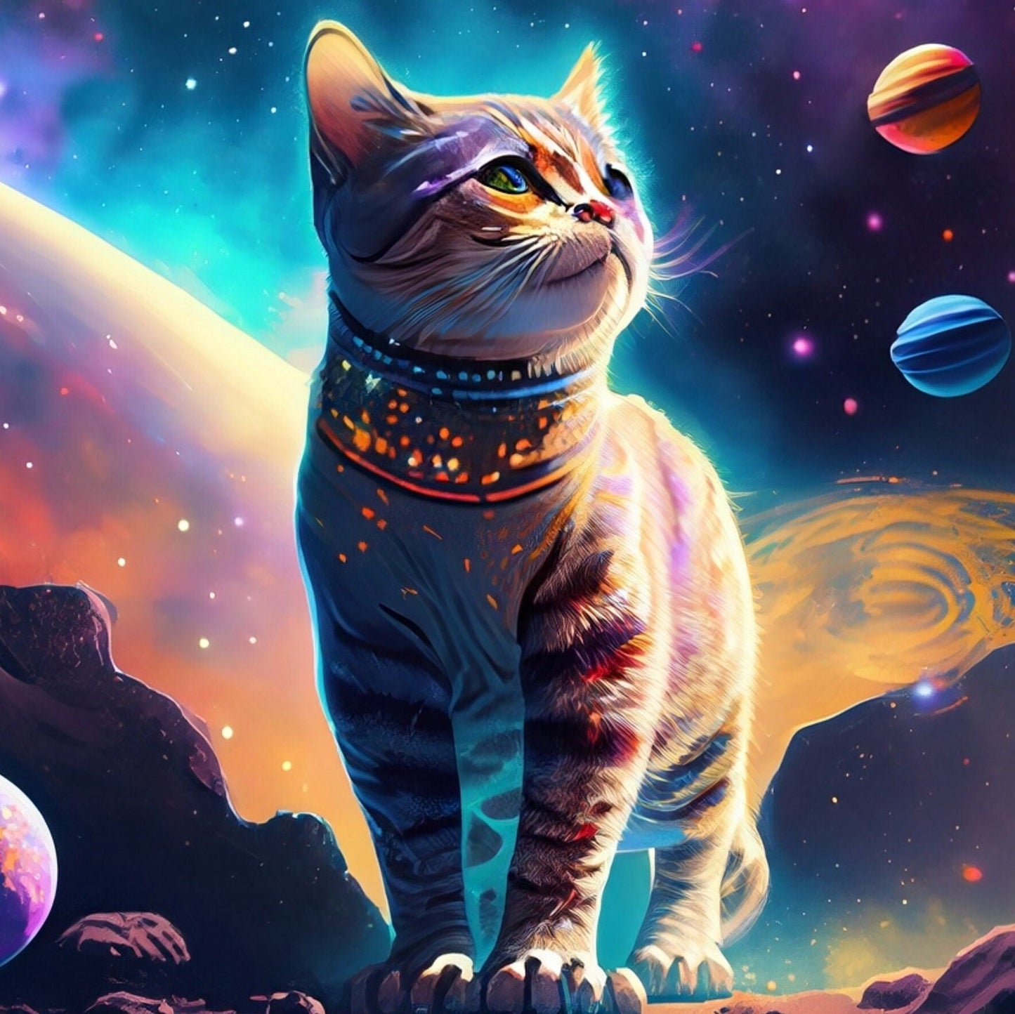 Large Decoupage Paper for Furniture - Rice Paper for Decoupage - Galactic Cat - Decoupage Paper - Colorful Planets and Stars