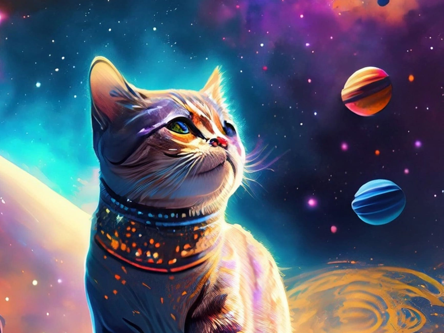 Large Decoupage Paper for Furniture - Rice Paper for Decoupage - Galactic Cat - Decoupage Paper - Colorful Planets and Stars
